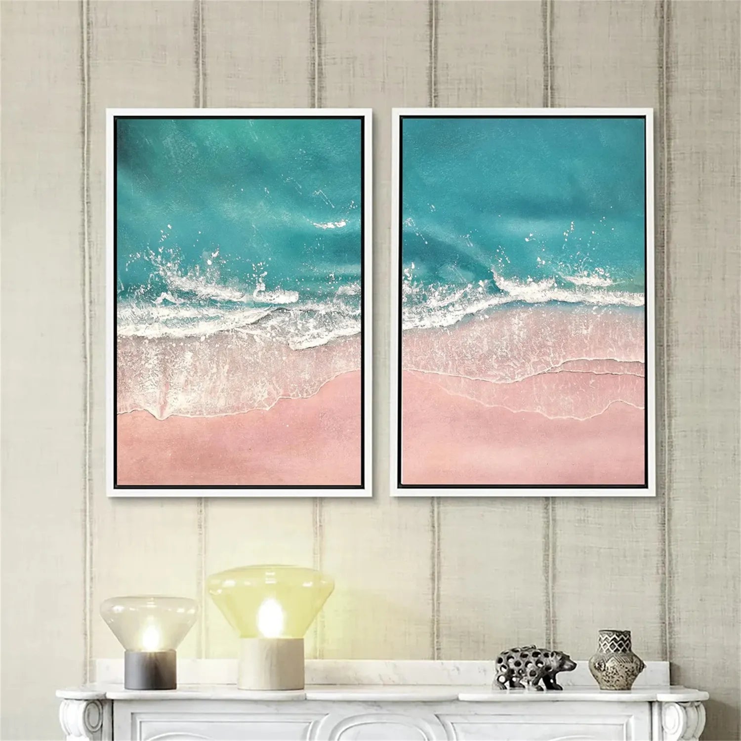 Pink Sand Blue Ocean Art - Aerial Beach Painting Wall Decor #JJ 196