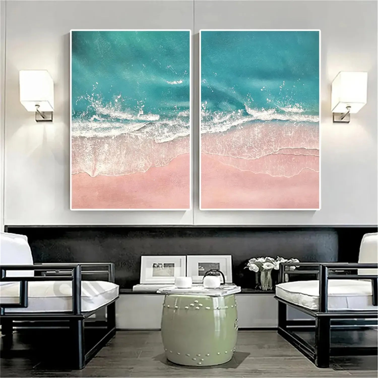 Pink Sand Blue Ocean Art - Aerial Beach Painting Wall Decor #JJ 196