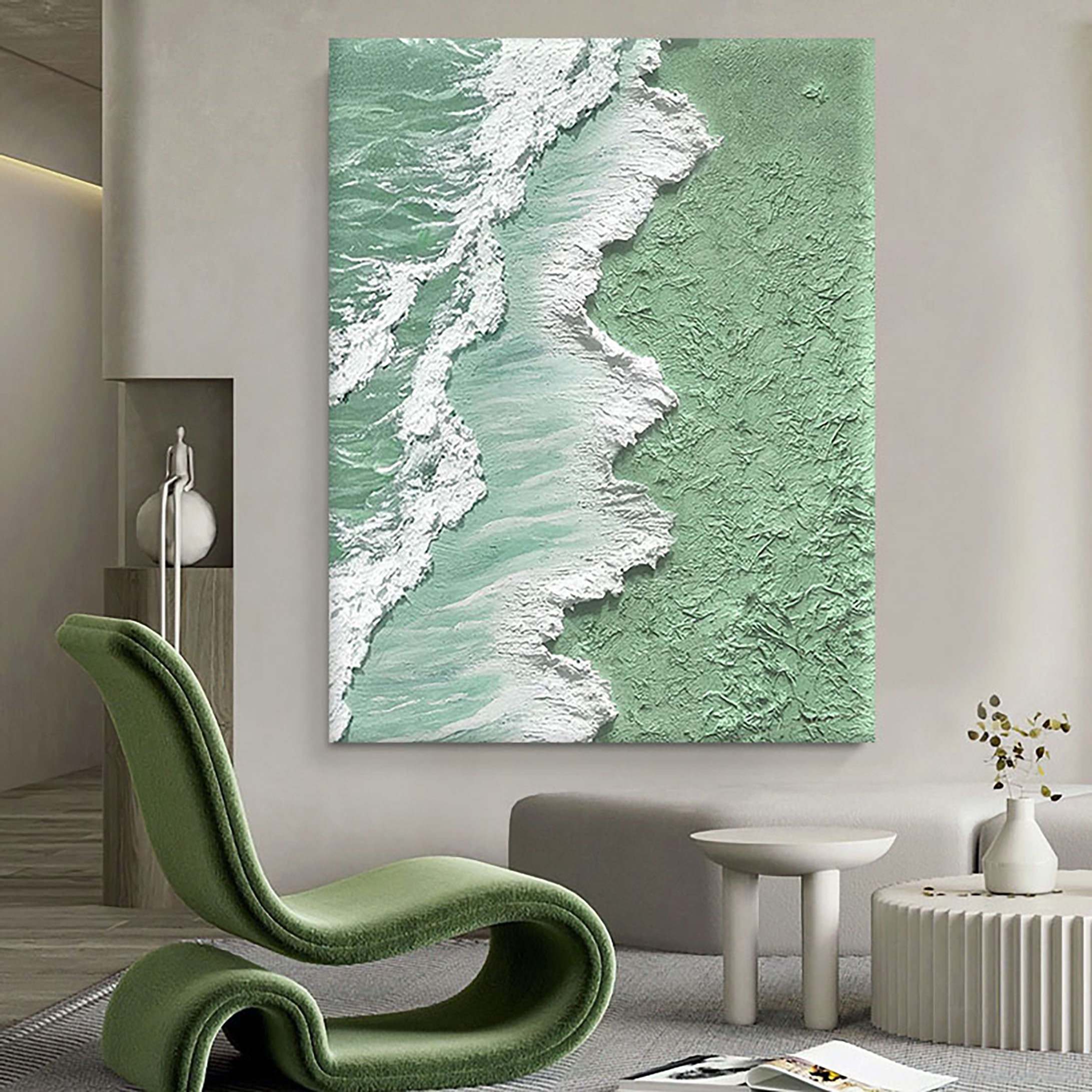 Textured Green Ocean Wave Art | Vertical 3D Coastal Canvas #ZZ 056