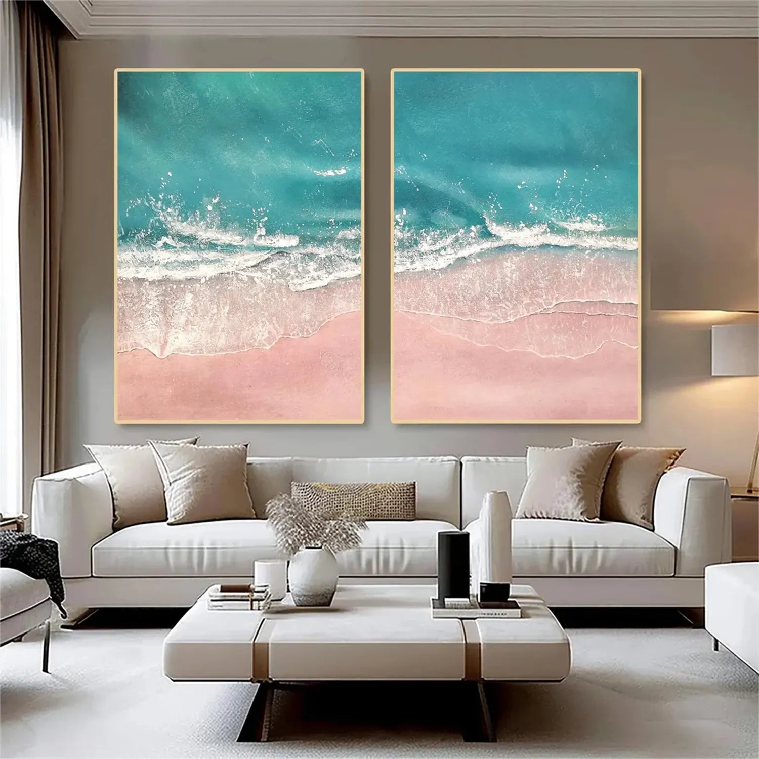 Pink Sand Blue Ocean Art - Aerial Beach Painting Wall Decor #JJ 196