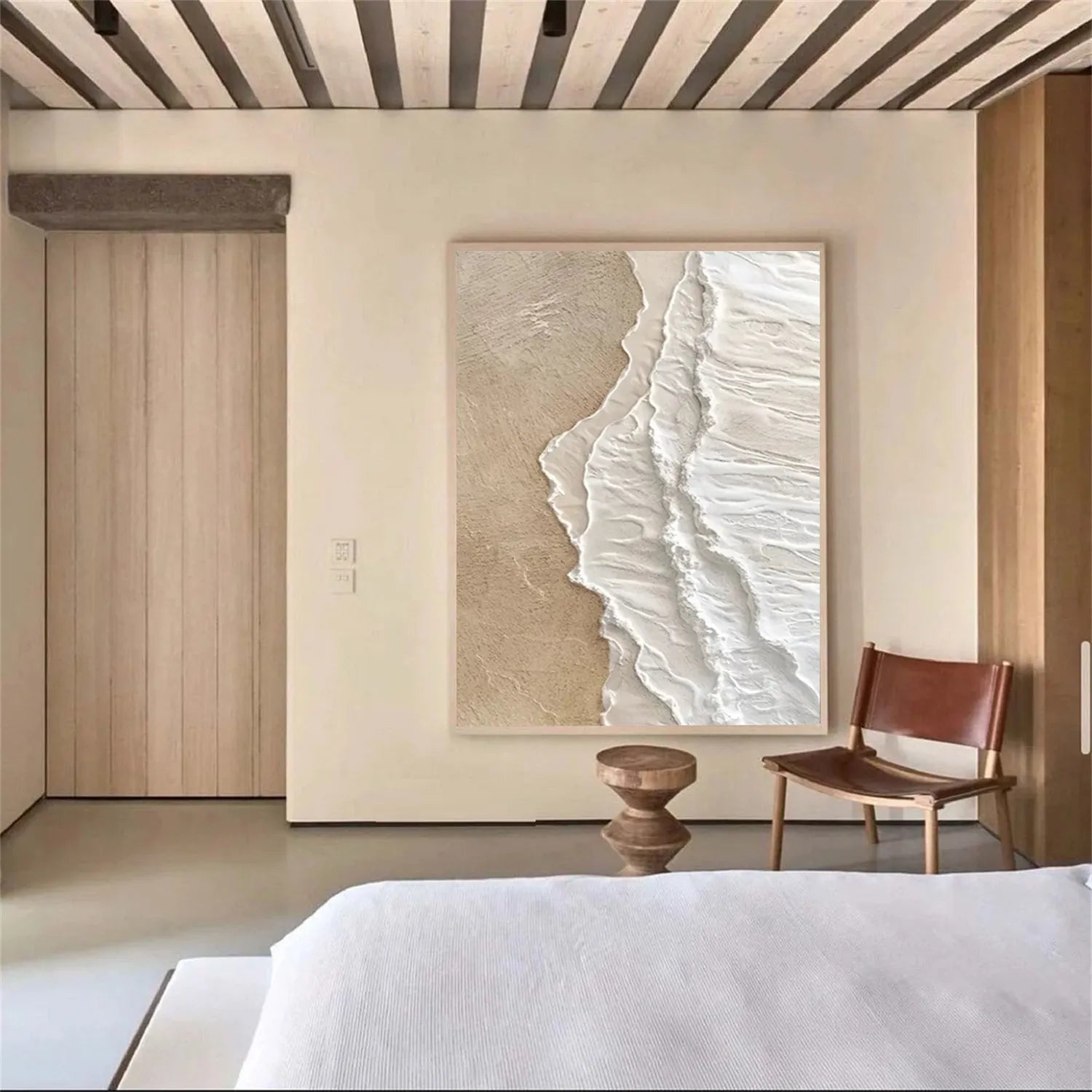 Vertical Beige and White Textured Beach Abstract Oil Painting - Modern Serene #JJ 135