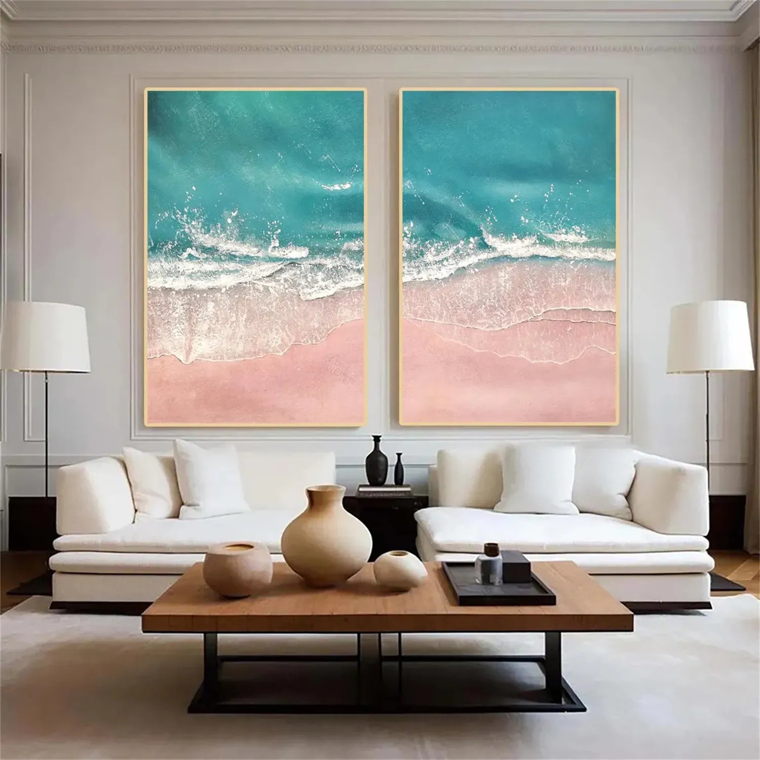 Pink Sand Blue Ocean Art - Aerial Beach Painting Wall Decor #JJ 196