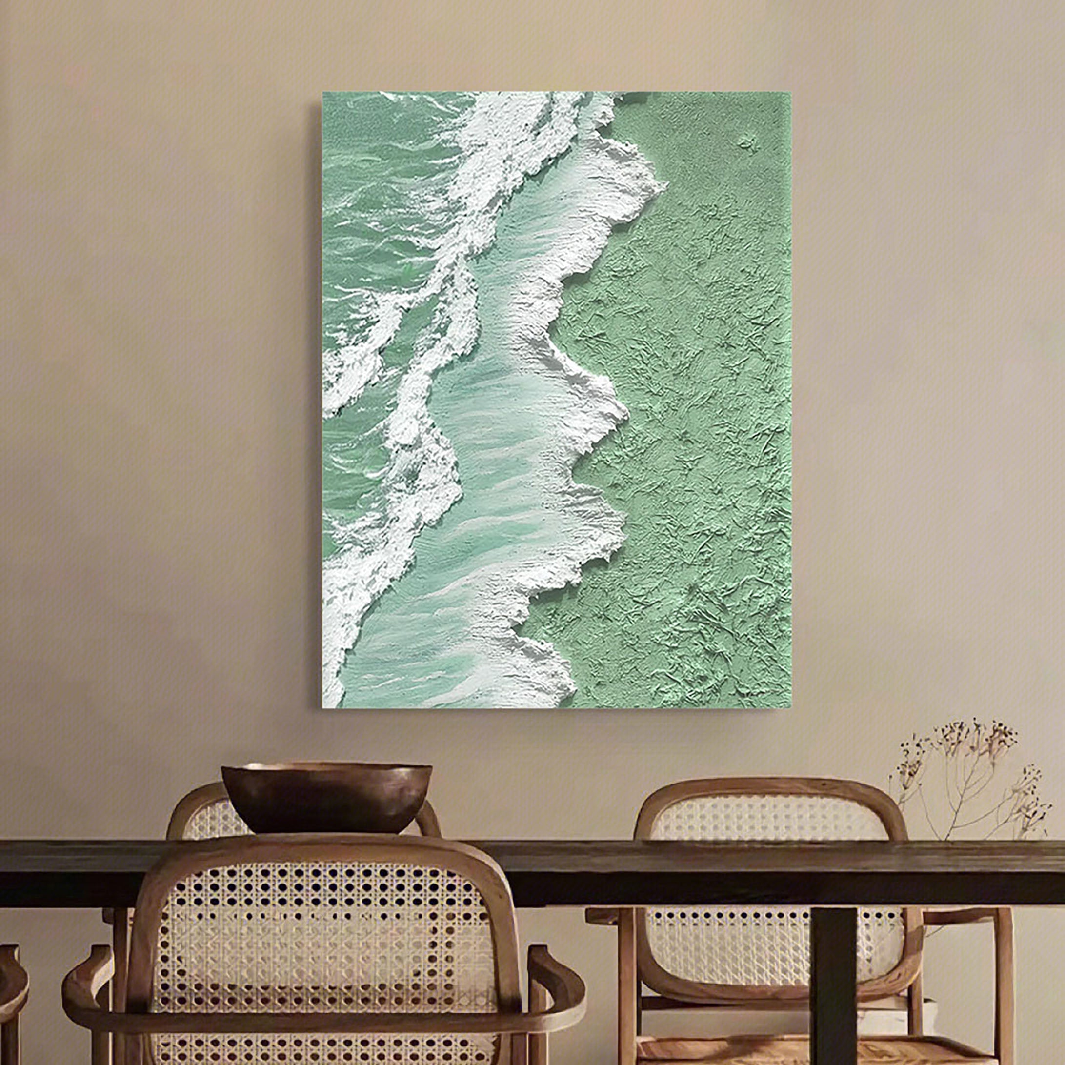 Textured Green Ocean Wave Art | Vertical 3D Coastal Canvas #ZZ 056