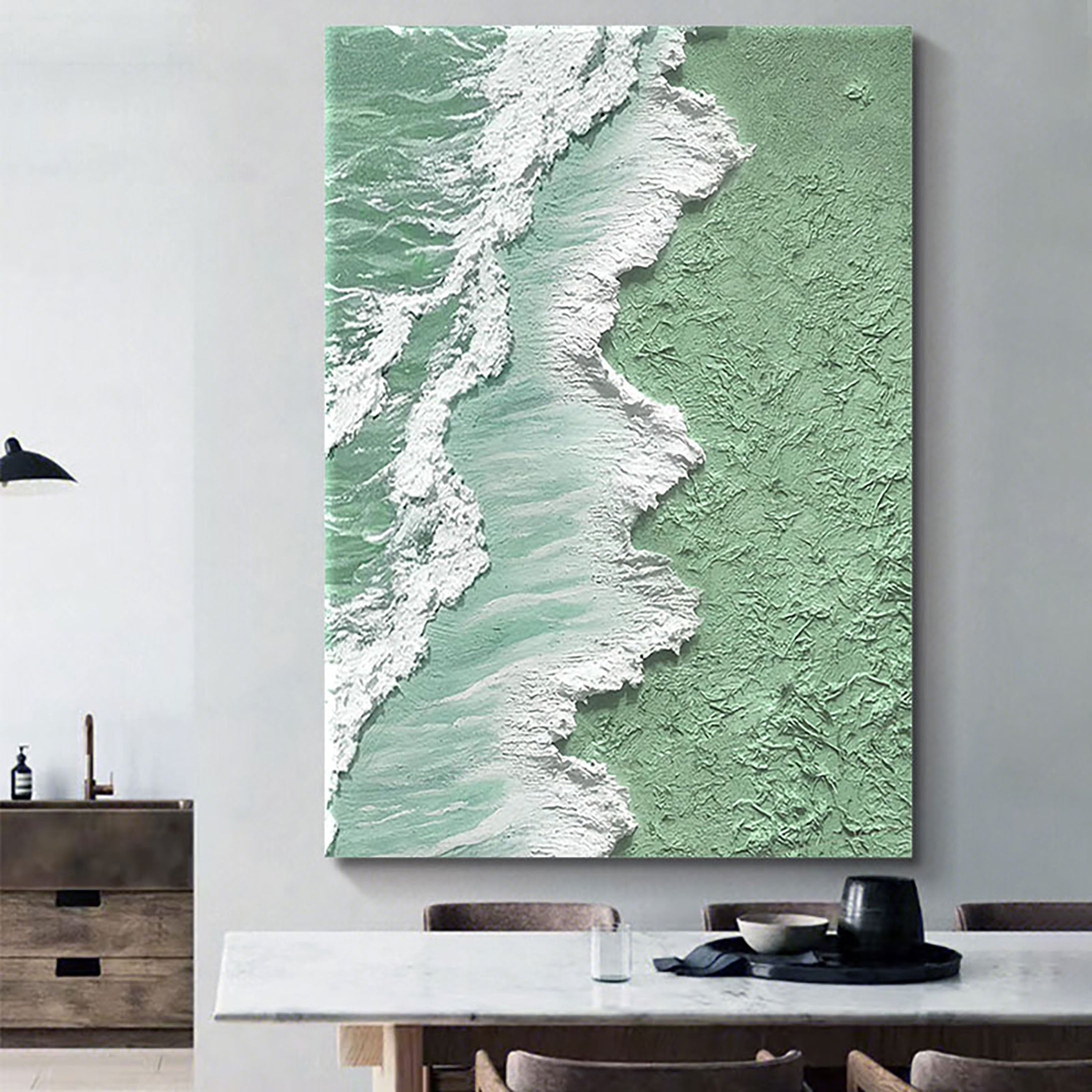 Textured Green Ocean Wave Art | Vertical 3D Coastal Canvas #ZZ 056