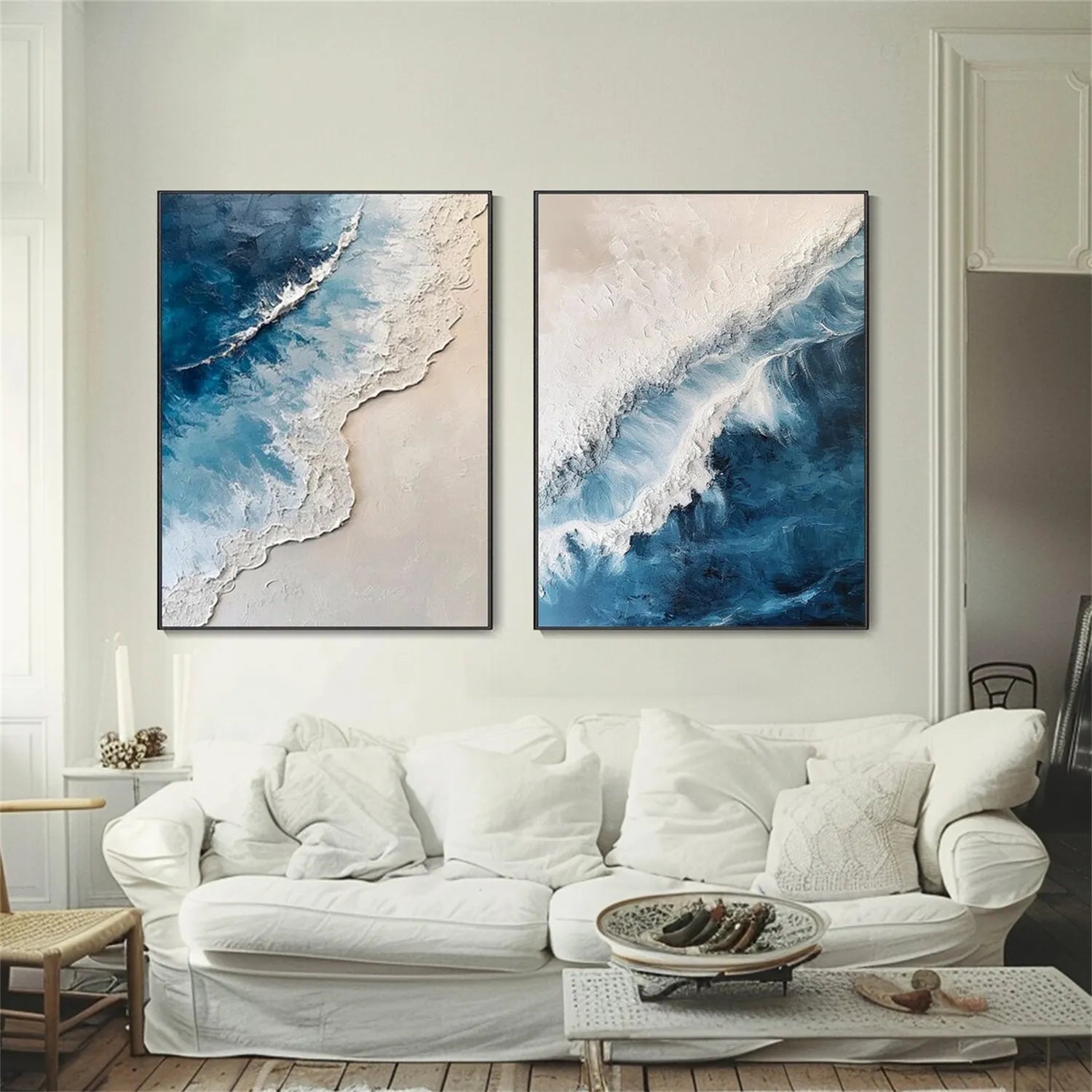 Large Abstract Ocean Wall Art Set of 2 | Textured Blue Wave Painting #ZZ 059