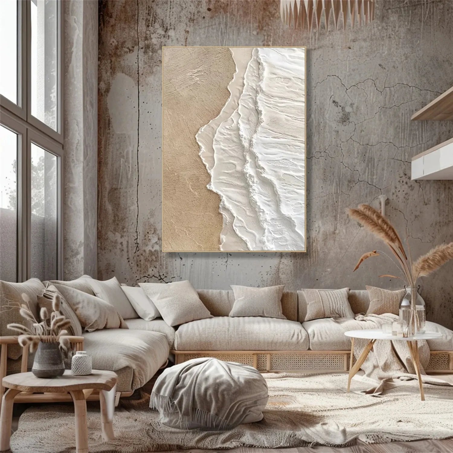 Vertical Beige and White Textured Beach Abstract Oil Painting - Modern Serene #JJ 135