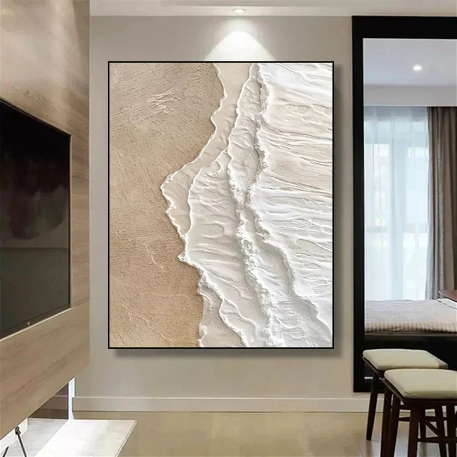 Vertical Beige and White Textured Beach Abstract Oil Painting - Modern Serene #JJ 135