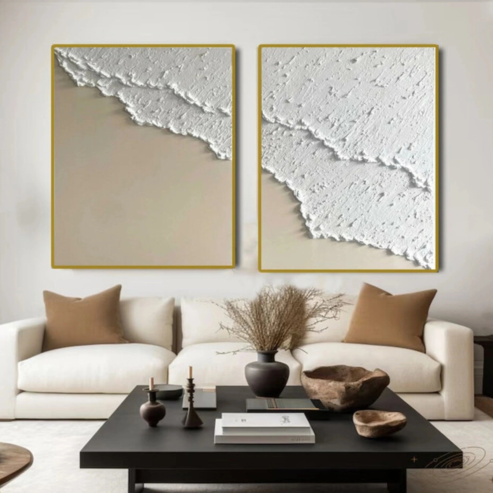 Large Neutral Artwork Set for Living Room | 2 Vertical Coastal Panels #ZZ 085