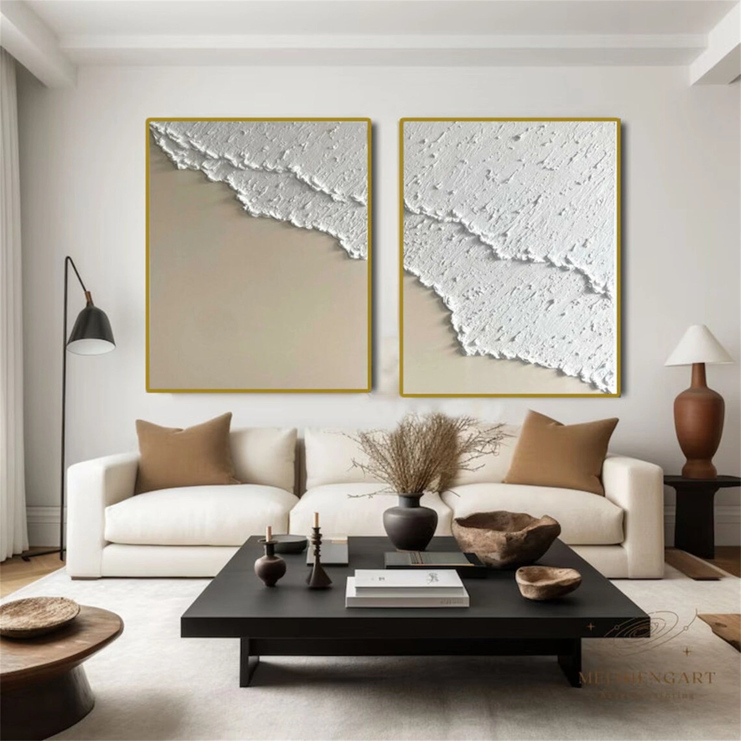 Large Neutral Artwork Set for Living Room | 2 Vertical Coastal Panels #ZZ 085