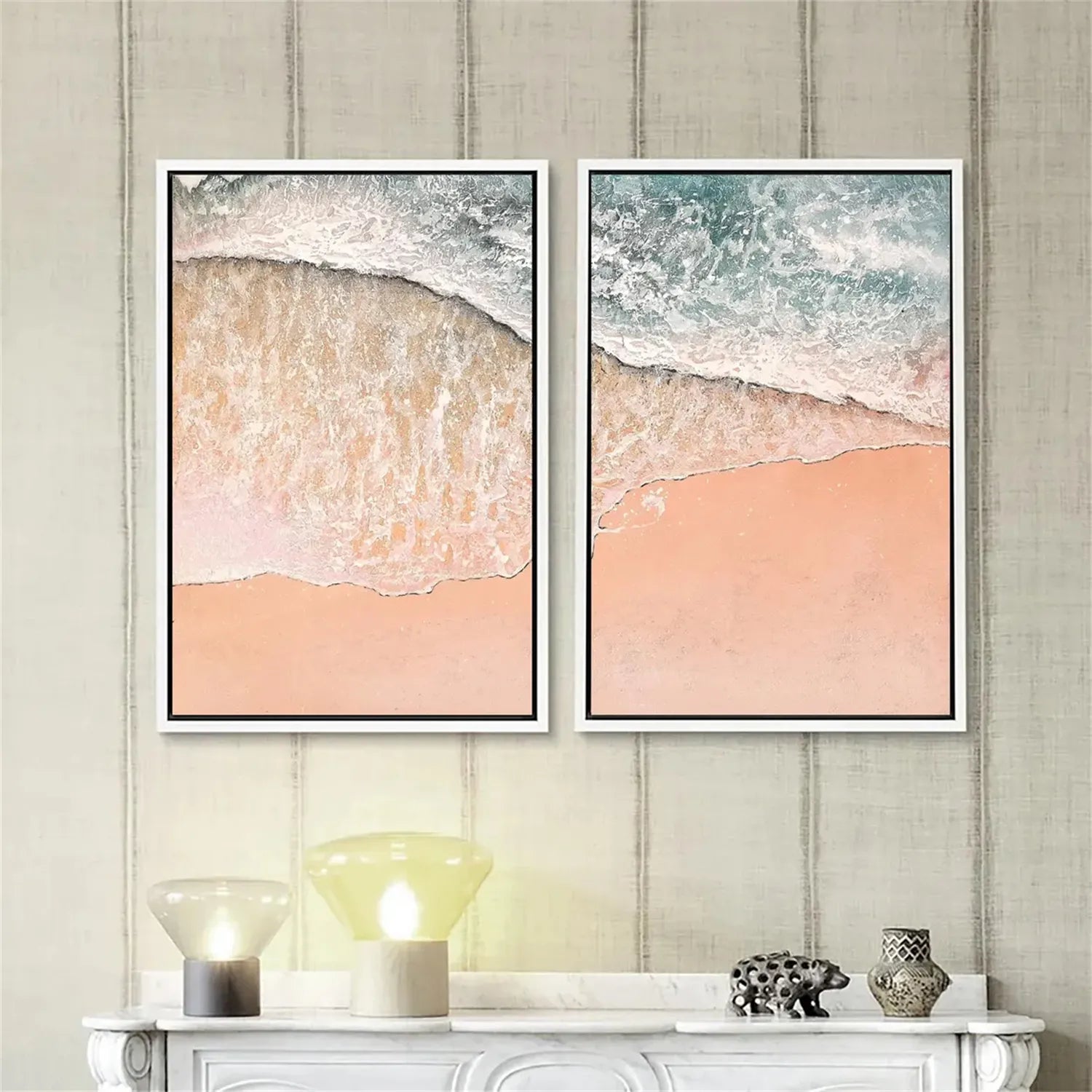 Handmade Pink Beach Art - Pale Blue Ocean View Wall Decor #JJ 197