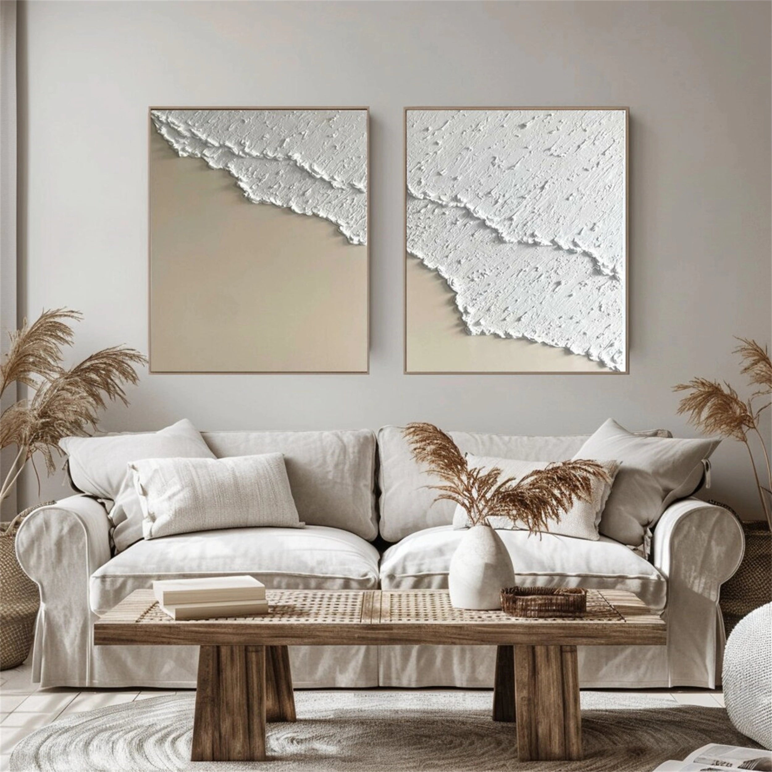 Large Neutral Artwork Set for Living Room | 2 Vertical Coastal Panels #ZZ 085