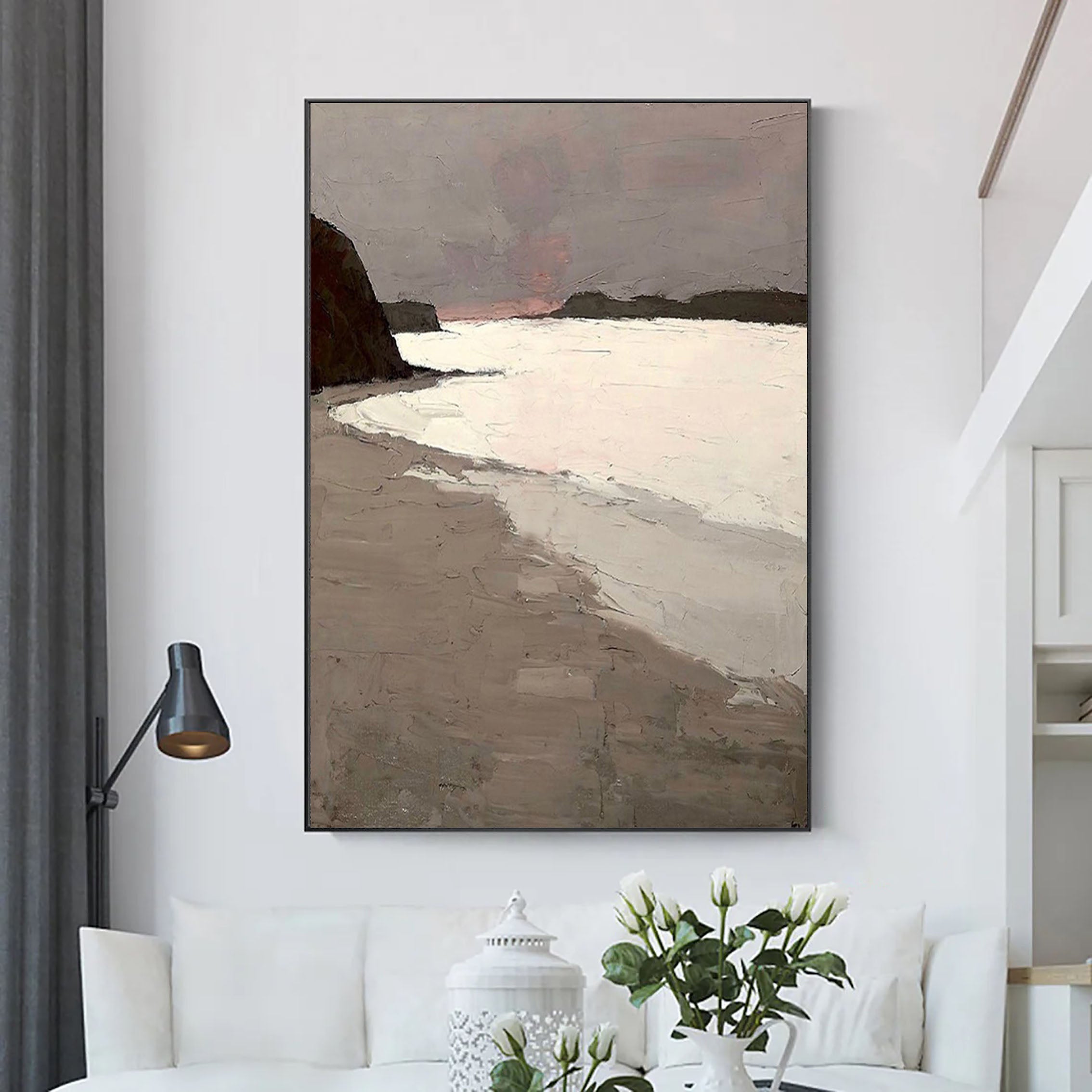 Grey Brown White Abstract Coast Oil Painting - Modern Serene Art #JJ 152