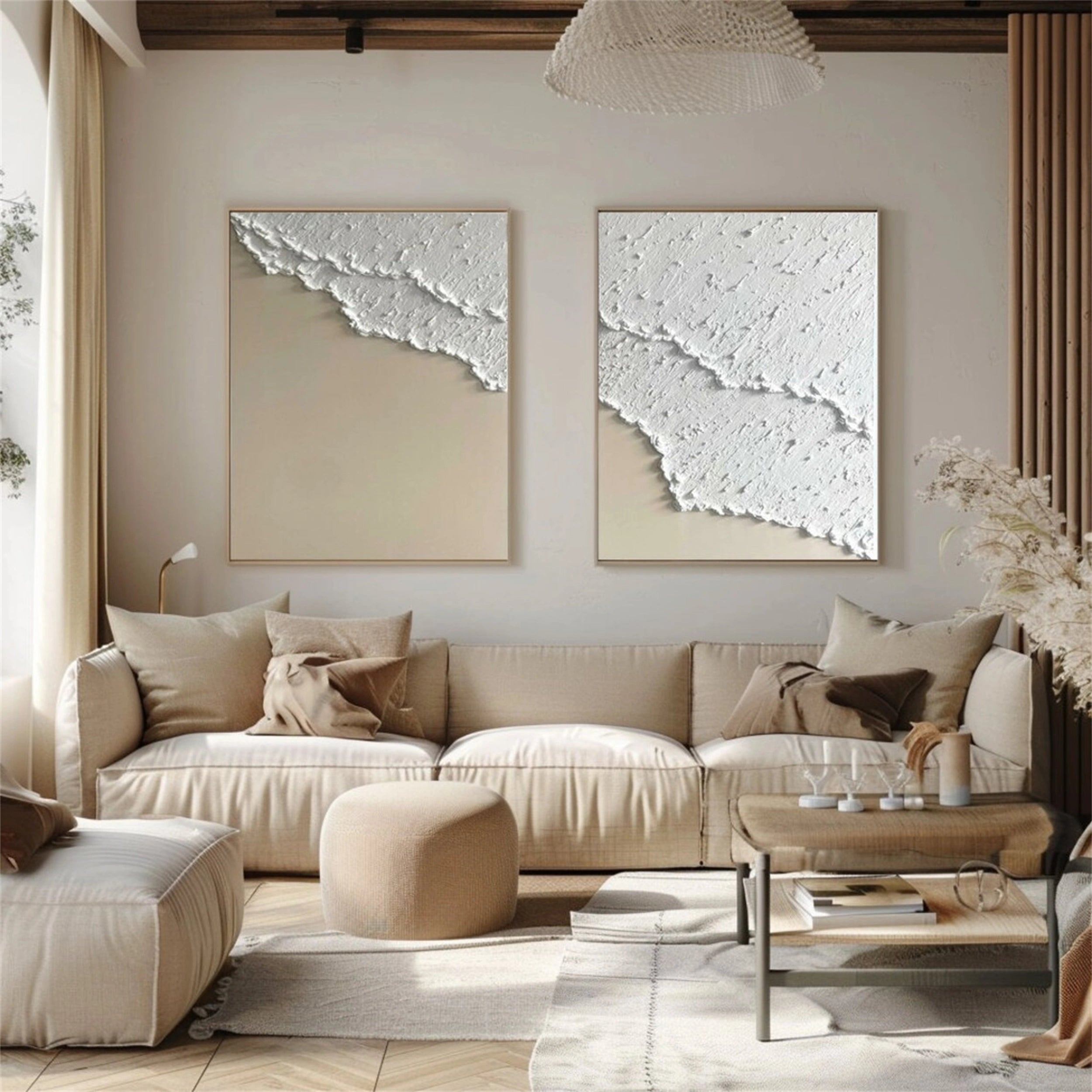 Large Neutral Artwork Set for Living Room | 2 Vertical Coastal Panels #ZZ 085