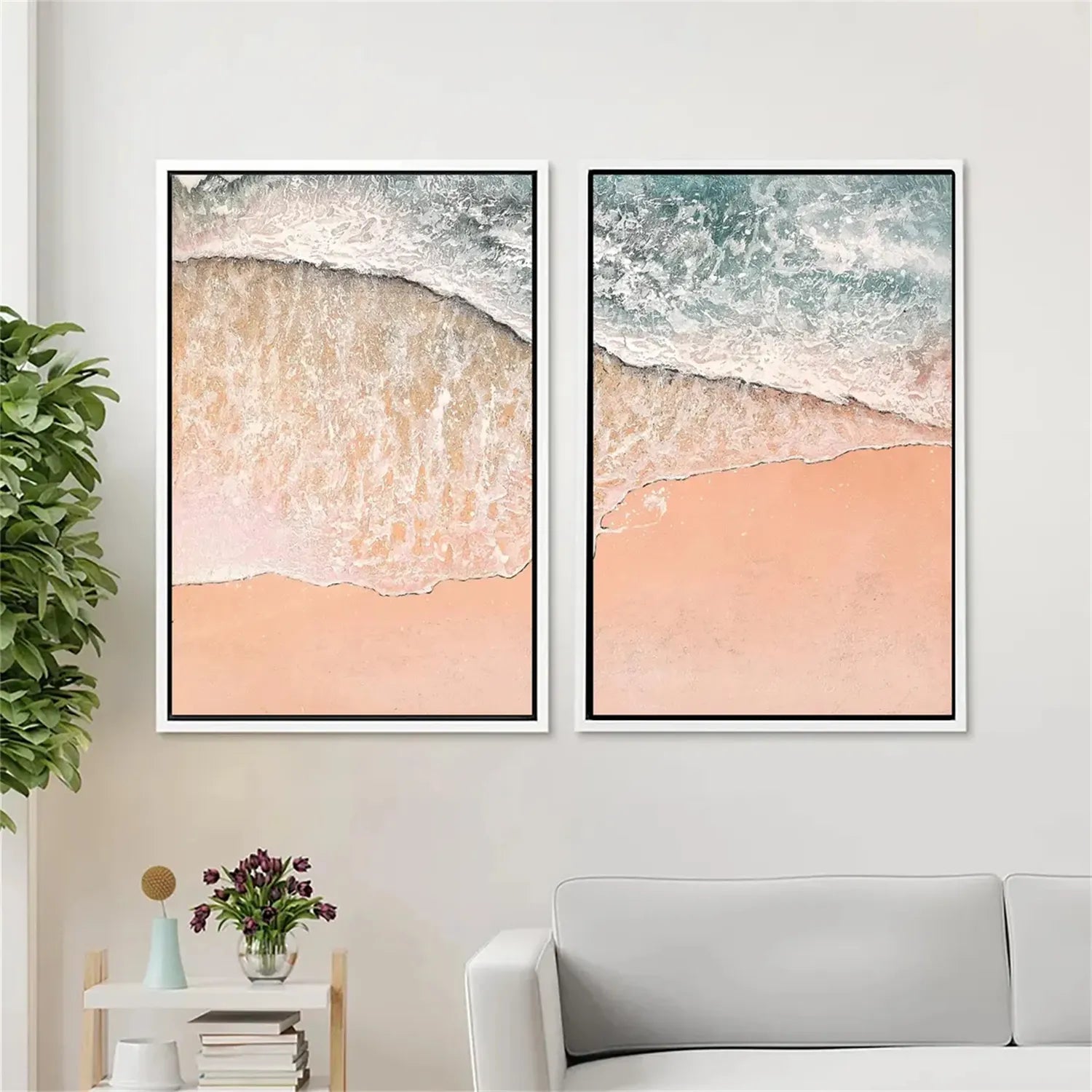 Handmade Pink Beach Art - Pale Blue Ocean View Wall Decor #JJ 197