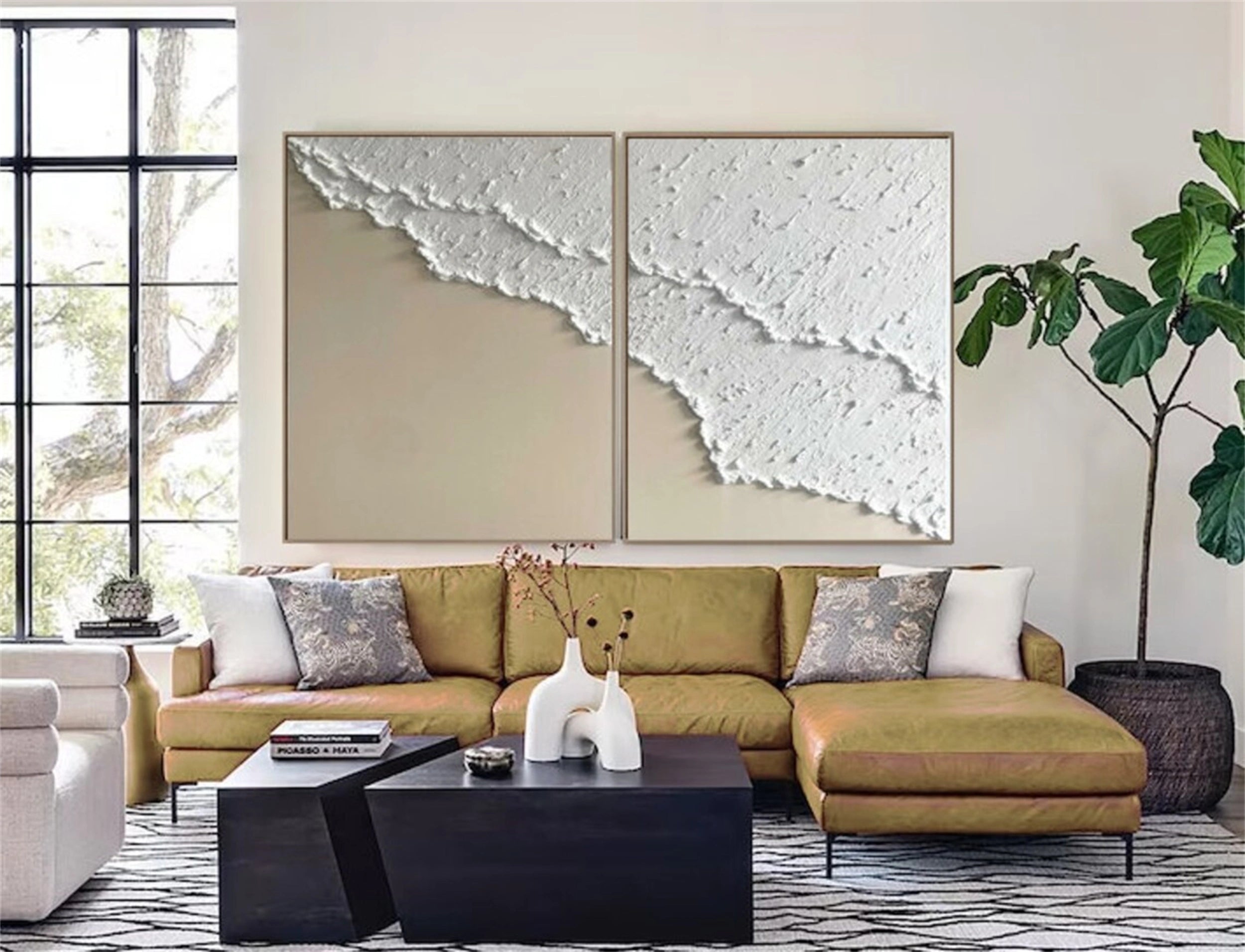 Large Neutral Artwork Set for Living Room | 2 Vertical Coastal Panels #ZZ 085