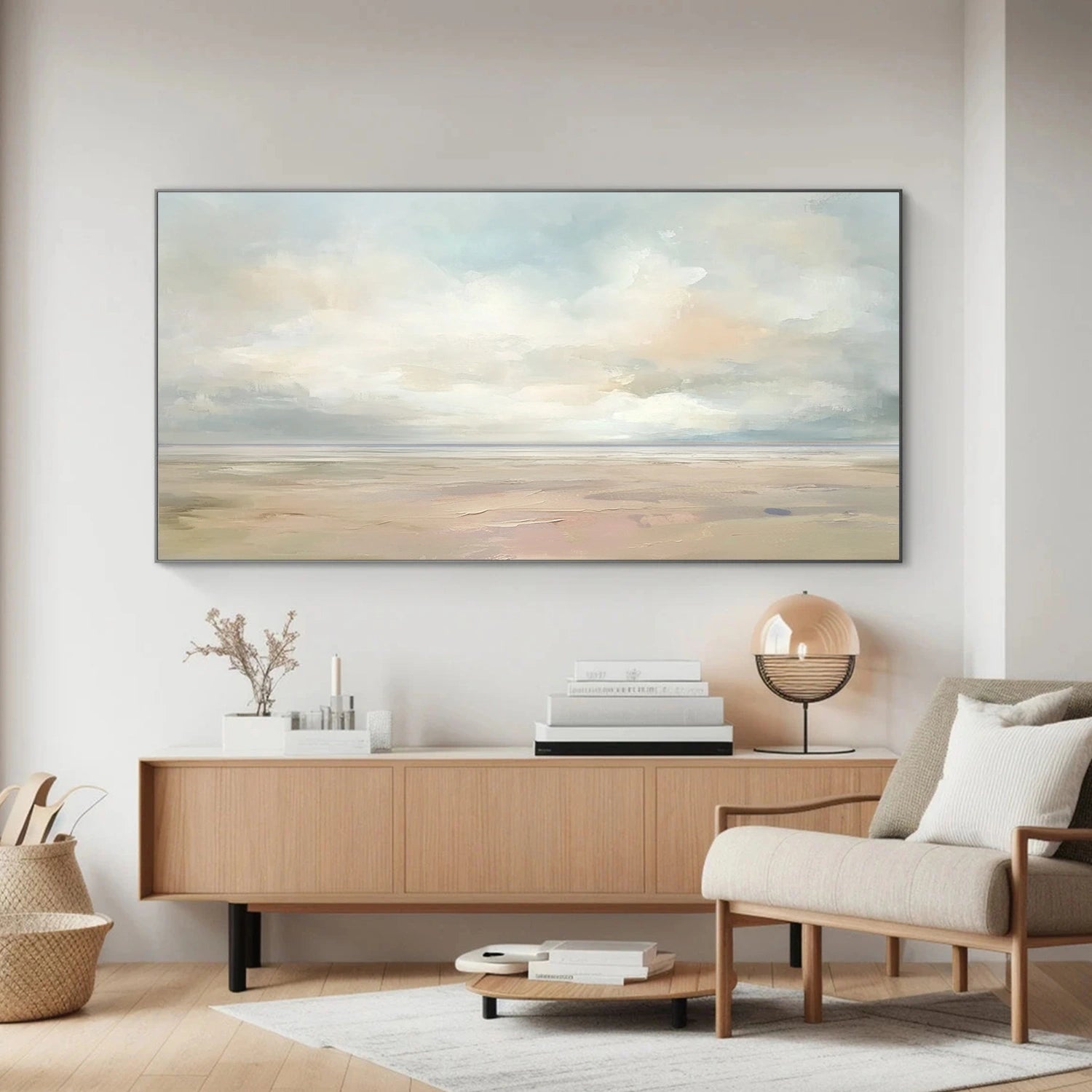 Large Vertical Seascape Canvas – Peaceful Ocean Horizon in Warm Tones #JJ 178