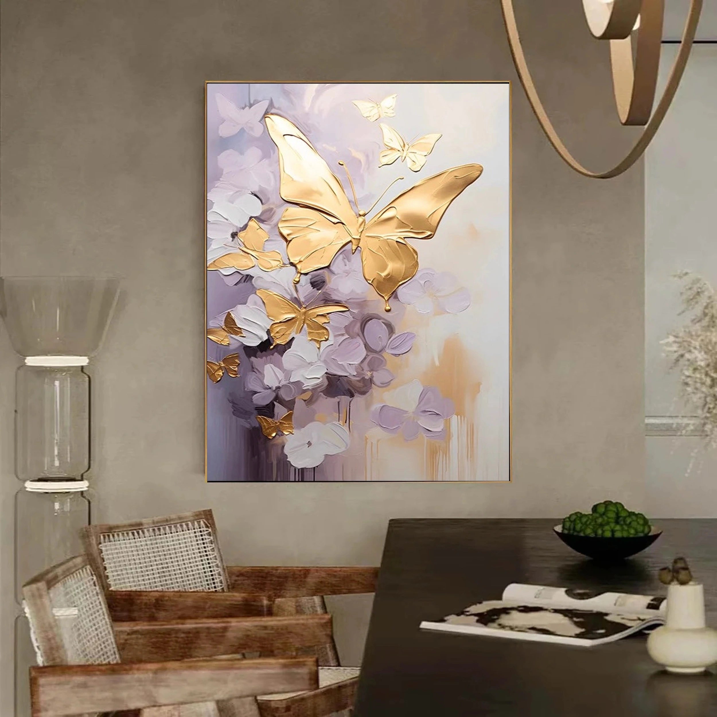 Large Gold Butterfly Purple Floral Canvas Wall Art #ZZ 212