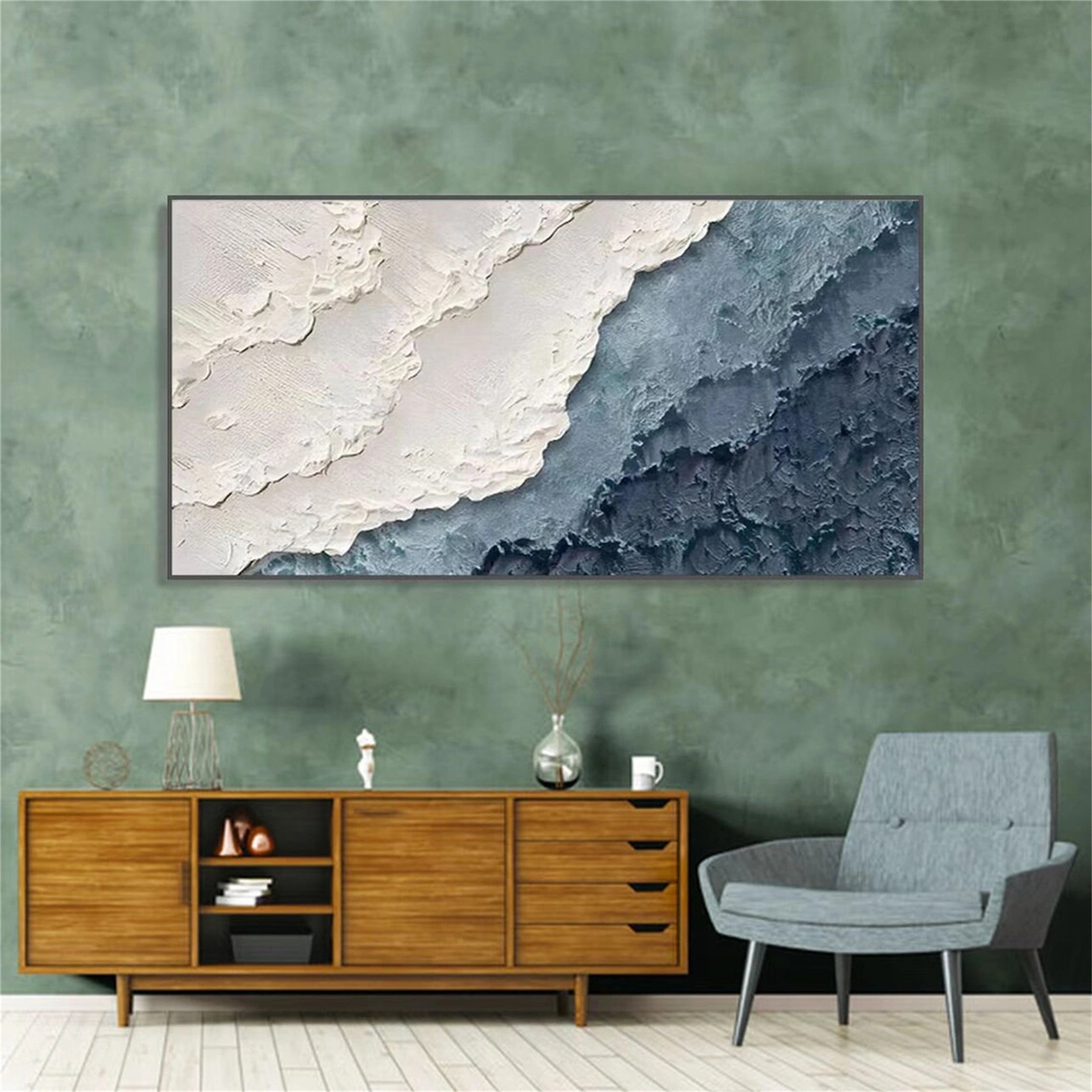 Textured White Blue Ocean Waves Abstract Wall Art #JJ 269