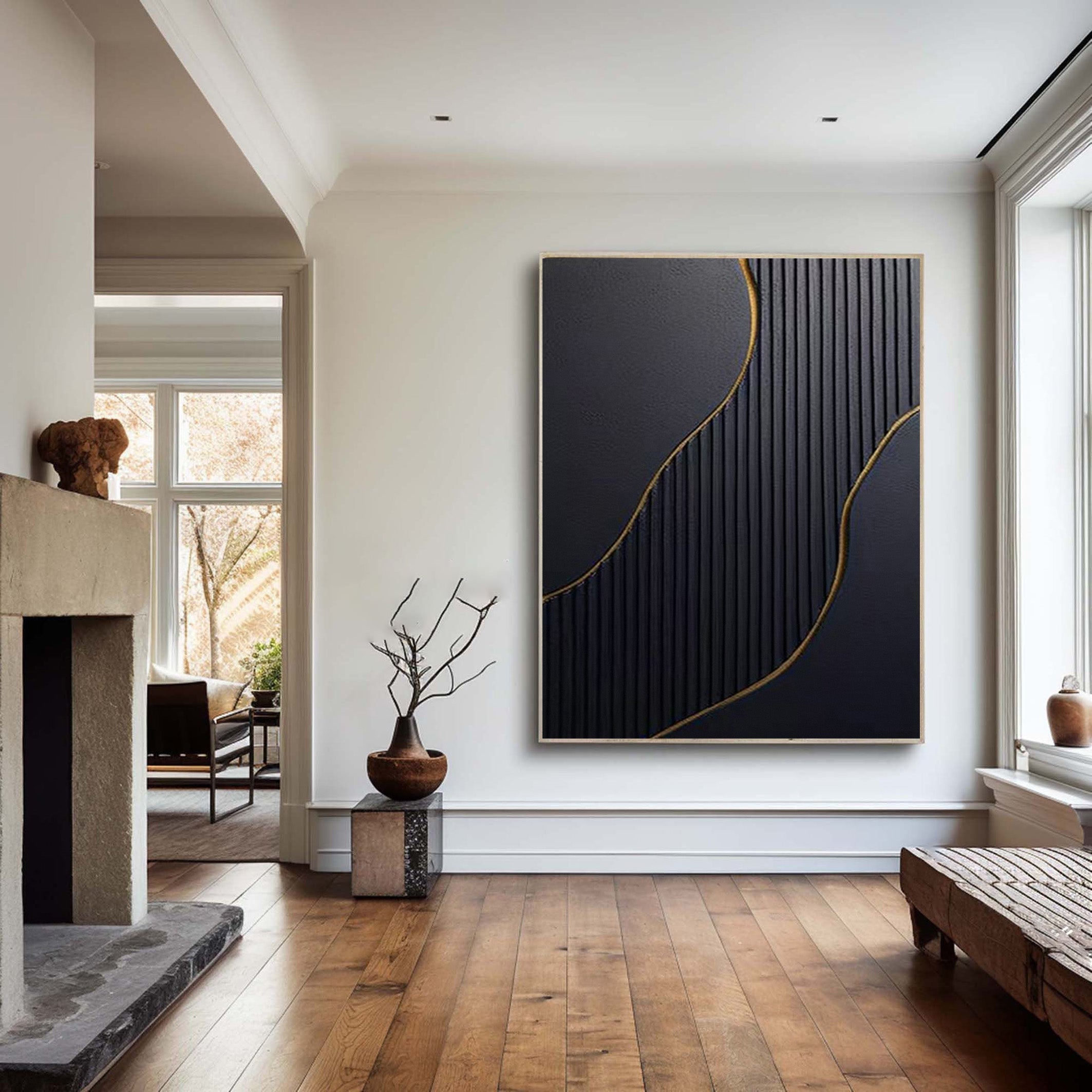 Black and Gold Textured Abstract Oil Painting - Modern Luxury Art #JJ 057