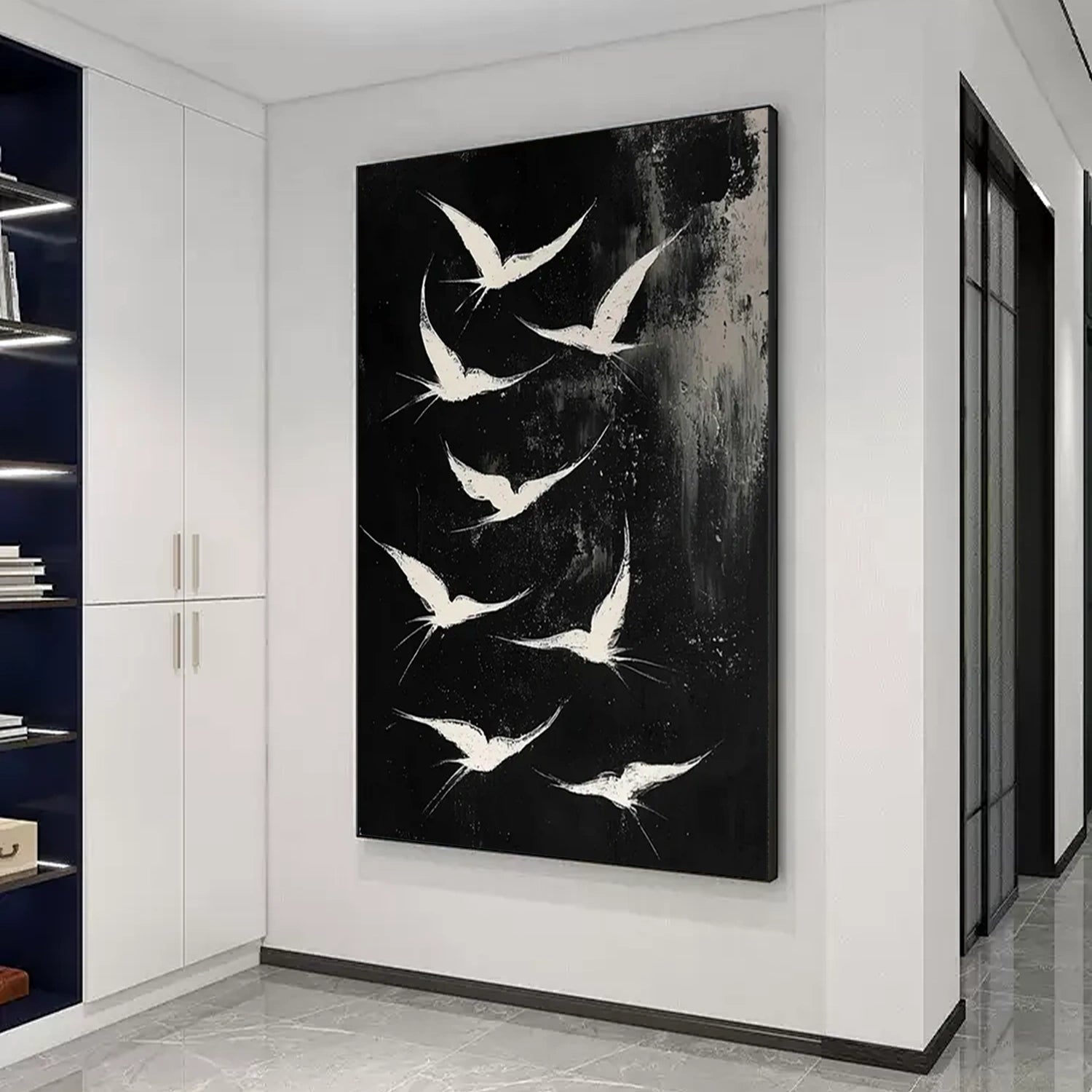 Abstract White Birds Canvas: Minimalist Flight Art #ZZ 032