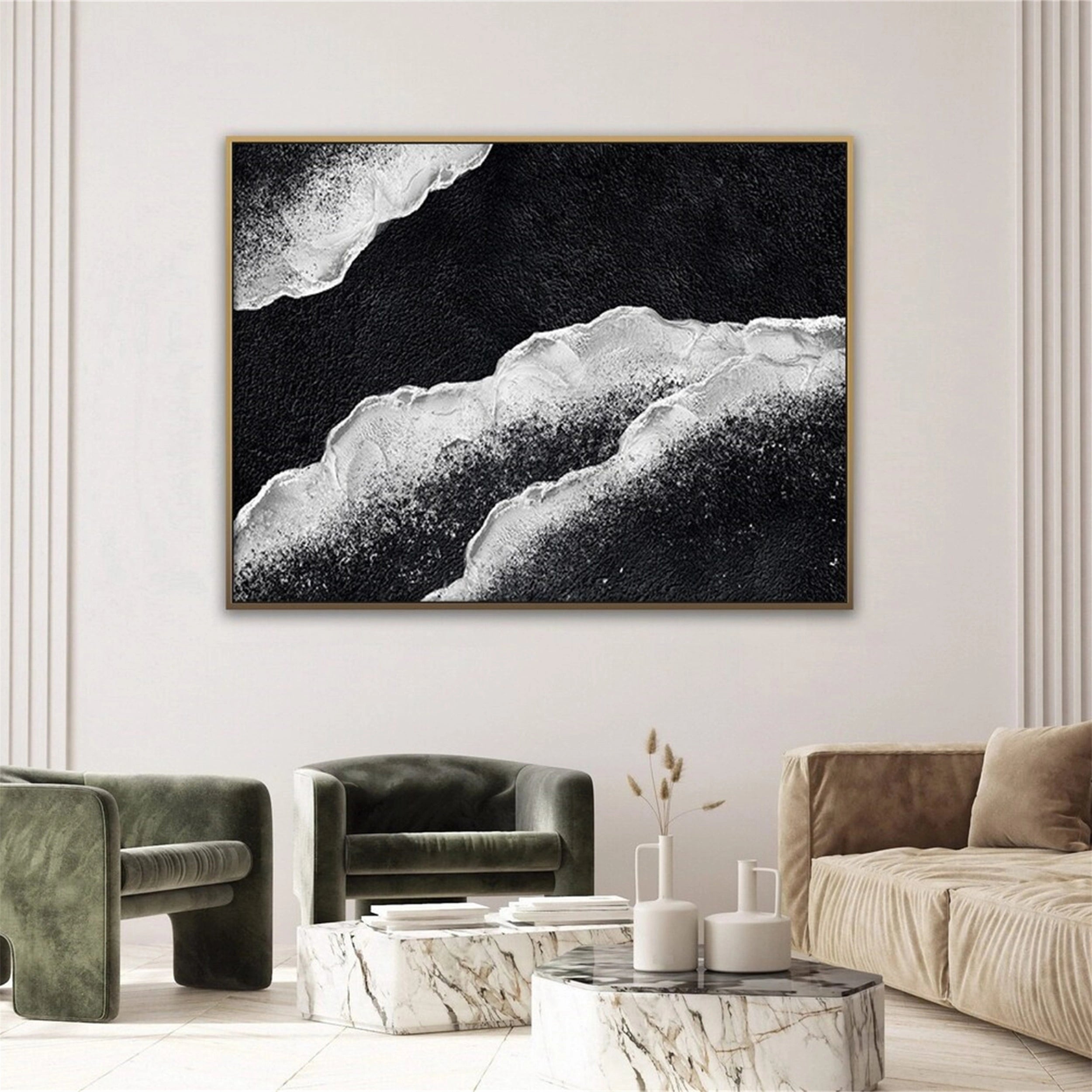 Tidal Minimal Oil Painting- Black and White Artwork Framed #JJ 281