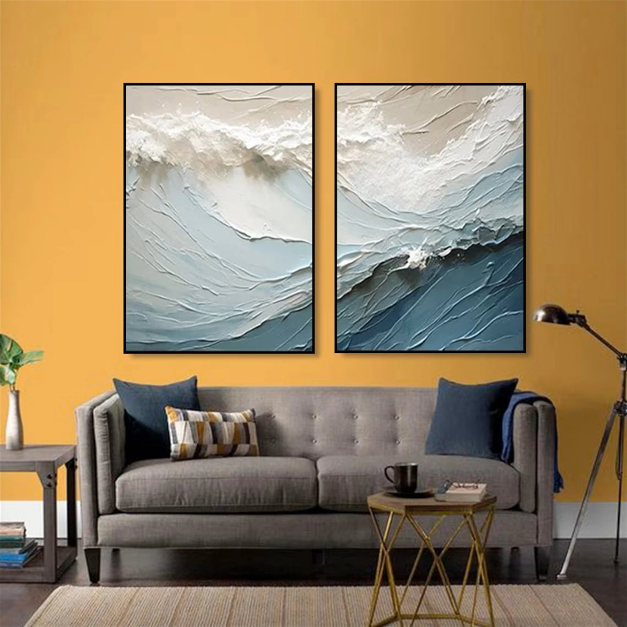 Blue Textured Wave Diptych: Abstract Coastal Art Set of 2 #ZZ 051