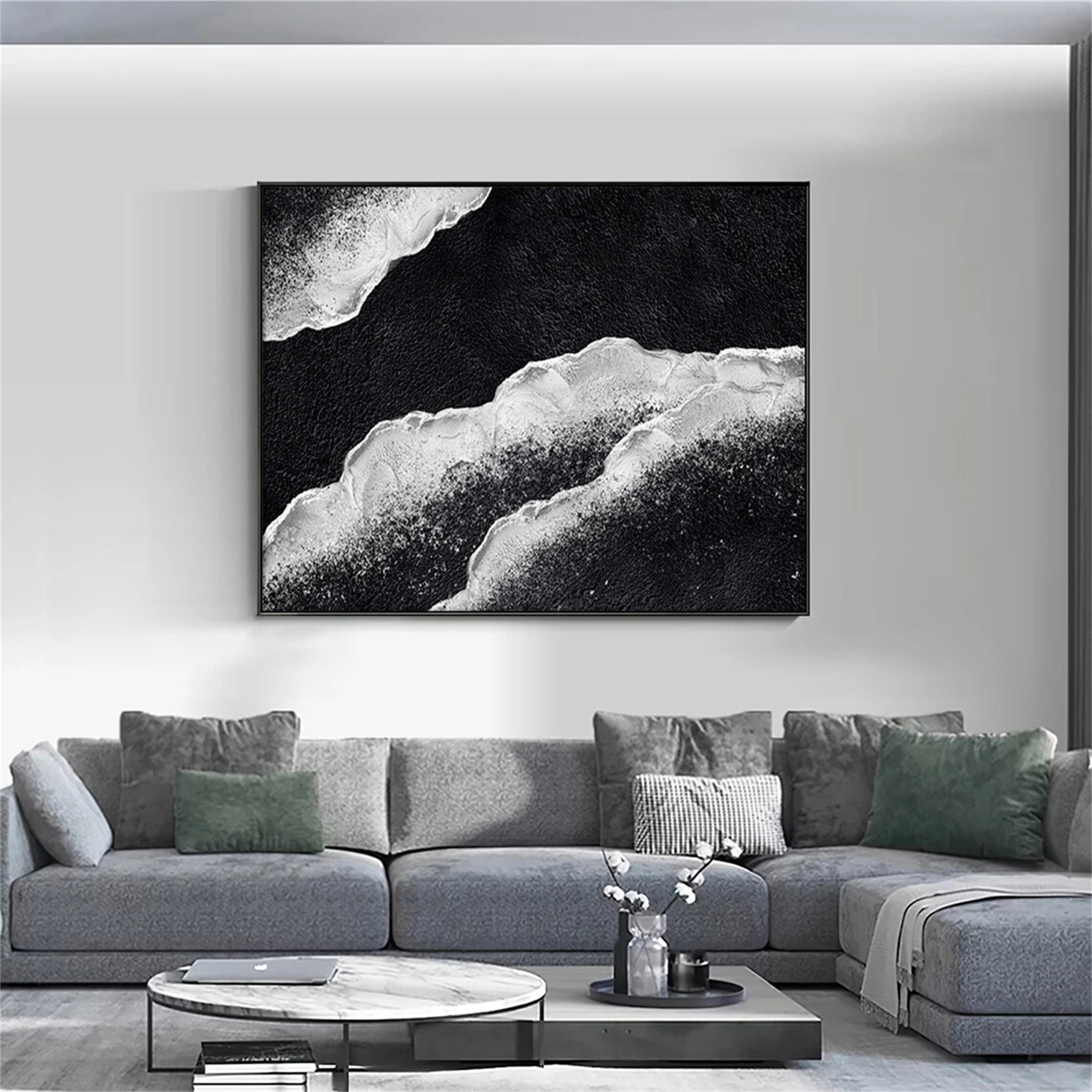 Tidal Minimal Oil Painting- Black and White Artwork Framed #JJ 281