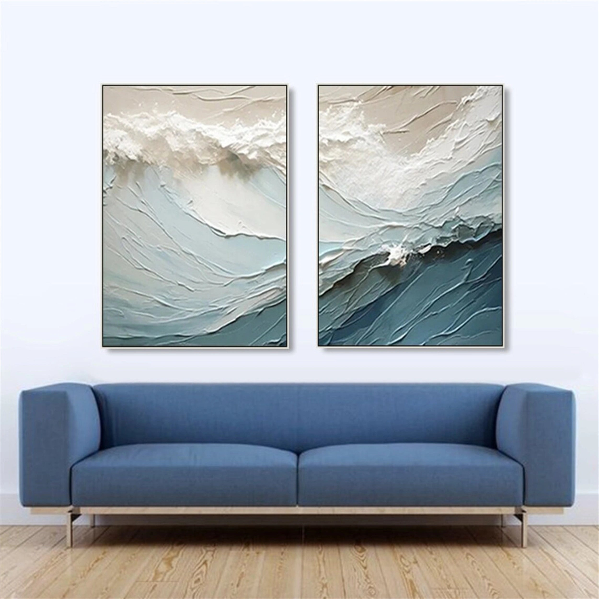 Blue Textured Wave Diptych: Abstract Coastal Art Set of 2 #ZZ 051