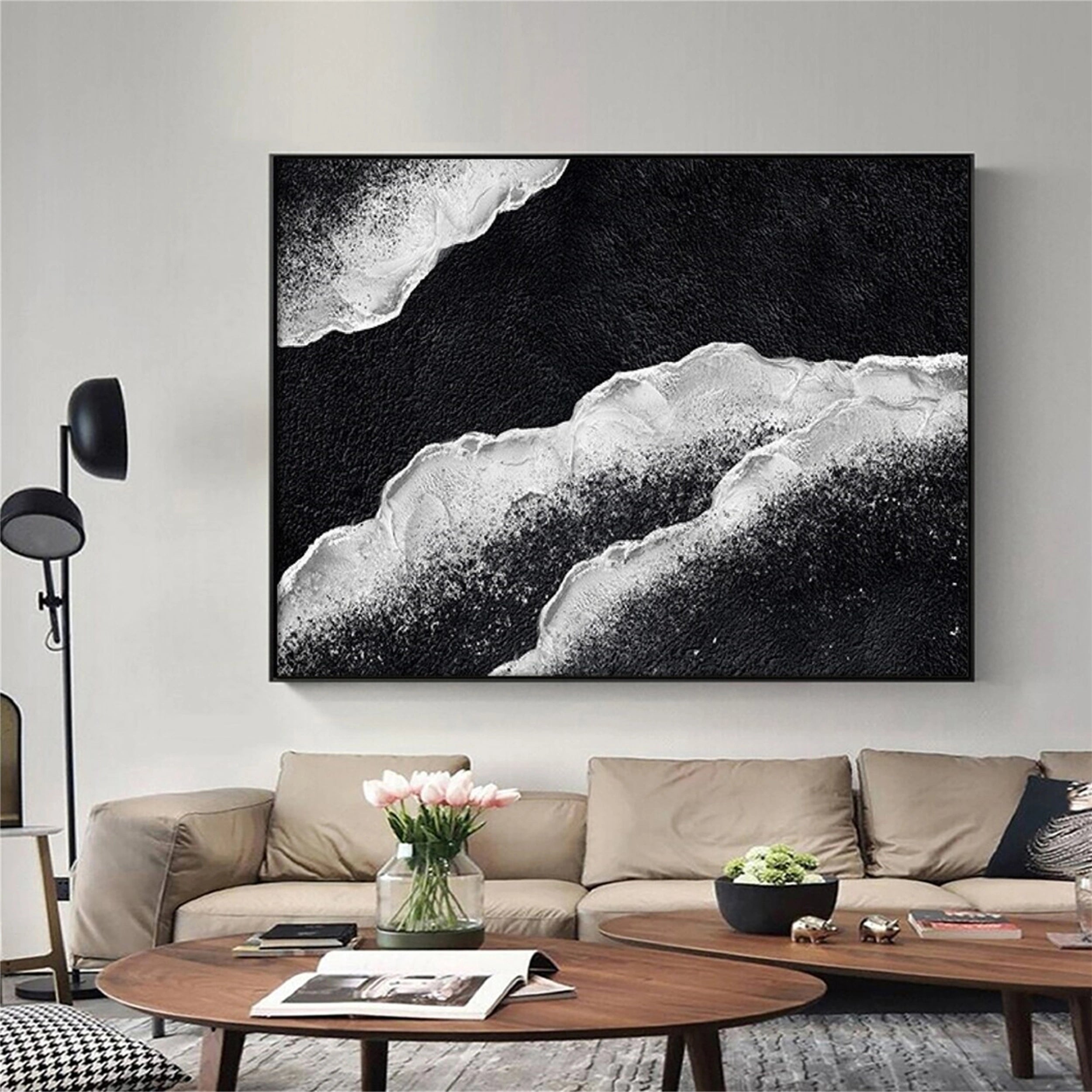 Tidal Minimal Oil Painting- Black and White Artwork Framed #JJ 281