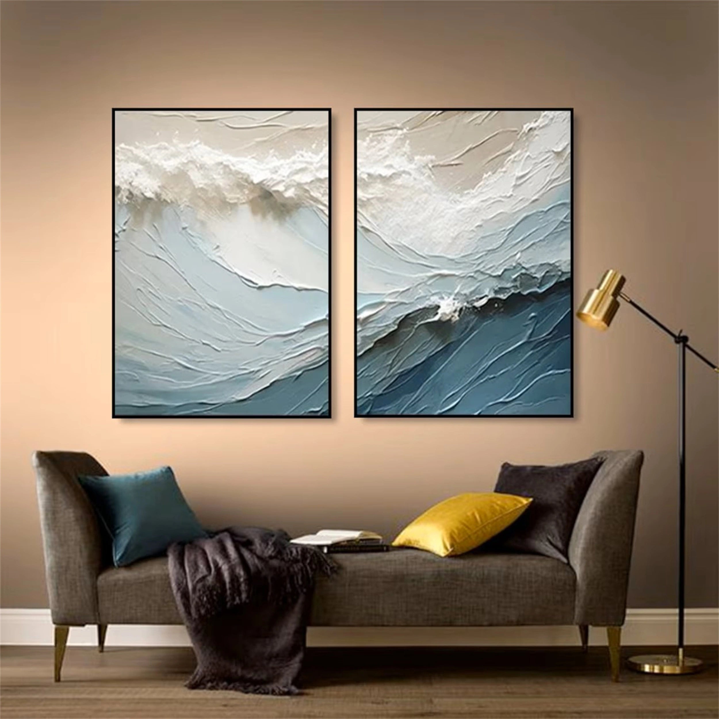 Blue Textured Wave Diptych: Abstract Coastal Art Set of 2 #ZZ 051