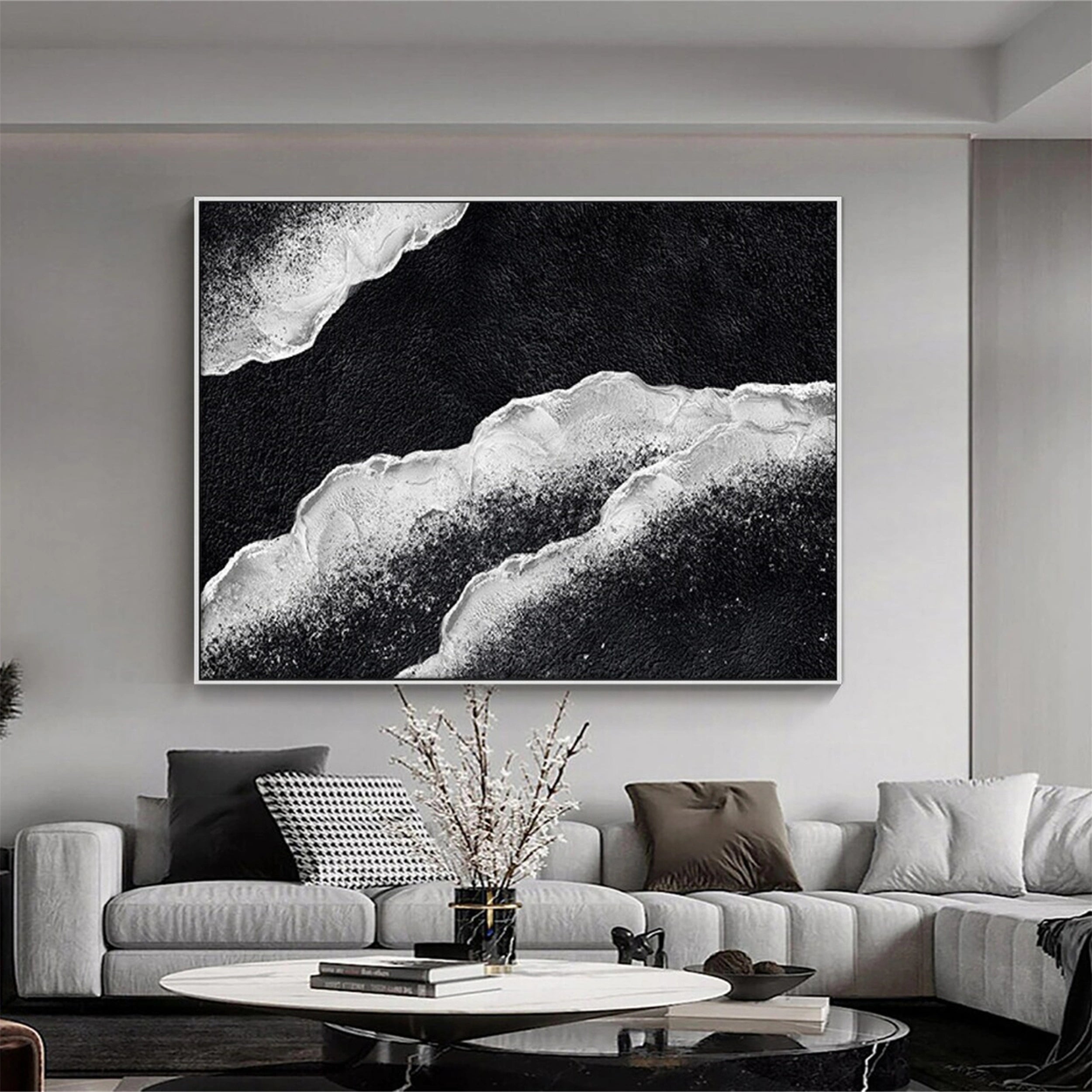 Tidal Minimal Oil Painting- Black and White Artwork Framed #JJ 281