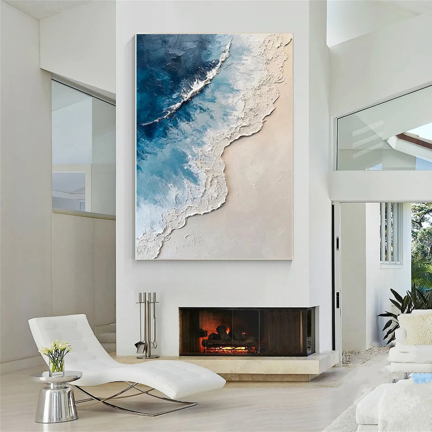 Calm Coastal Sand and Sea Textured Abstract - Blue and White Minimalist Oil Painting #JJ 136
