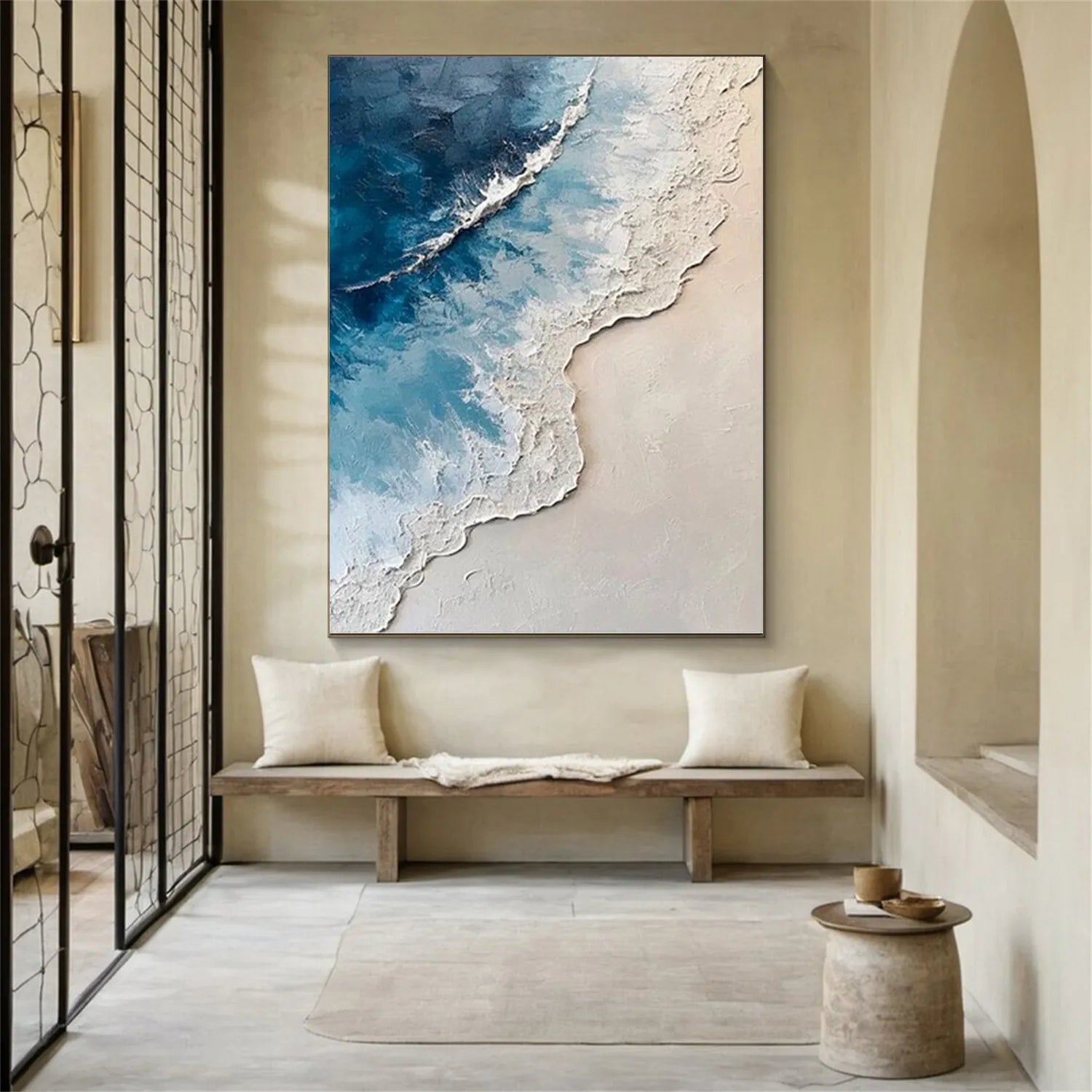 Calm Coastal Sand and Sea Textured Abstract - Blue and White Minimalist Oil Painting #JJ 136