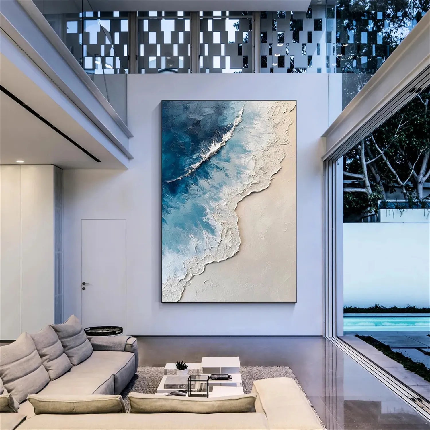 Calm Coastal Sand and Sea Textured Abstract - Blue and White Minimalist Oil Painting #JJ 136