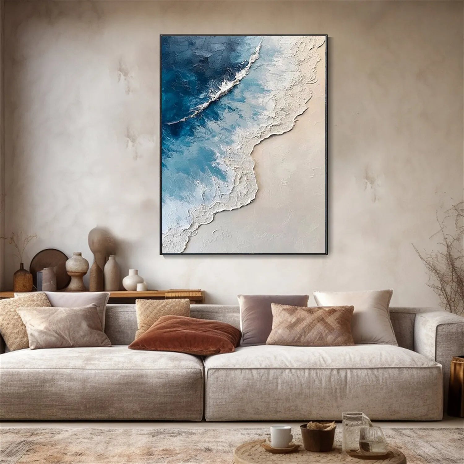 Calm Coastal Sand and Sea Textured Abstract - Blue and White Minimalist Oil Painting #JJ 136