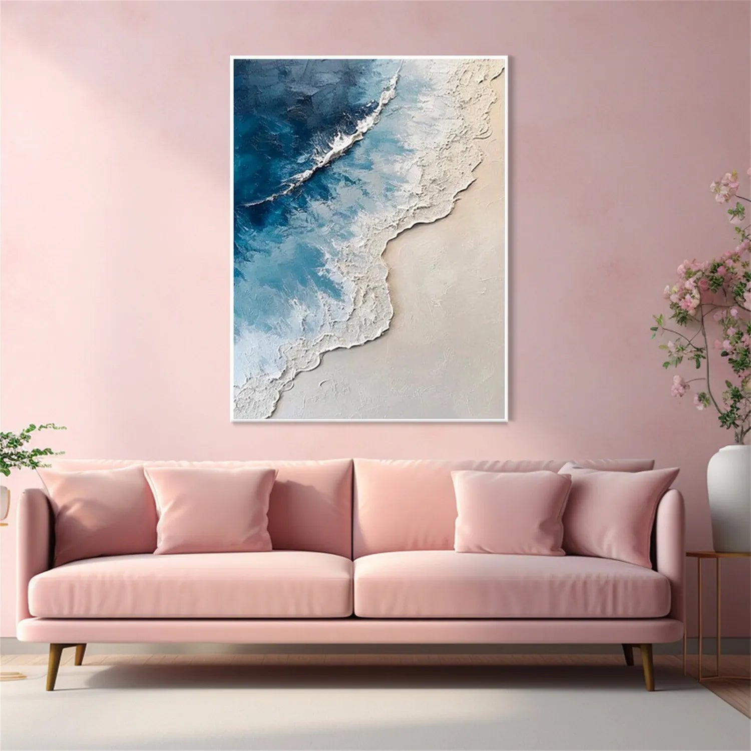 Calm Coastal Sand and Sea Textured Abstract - Blue and White Minimalist Oil Painting #JJ 136