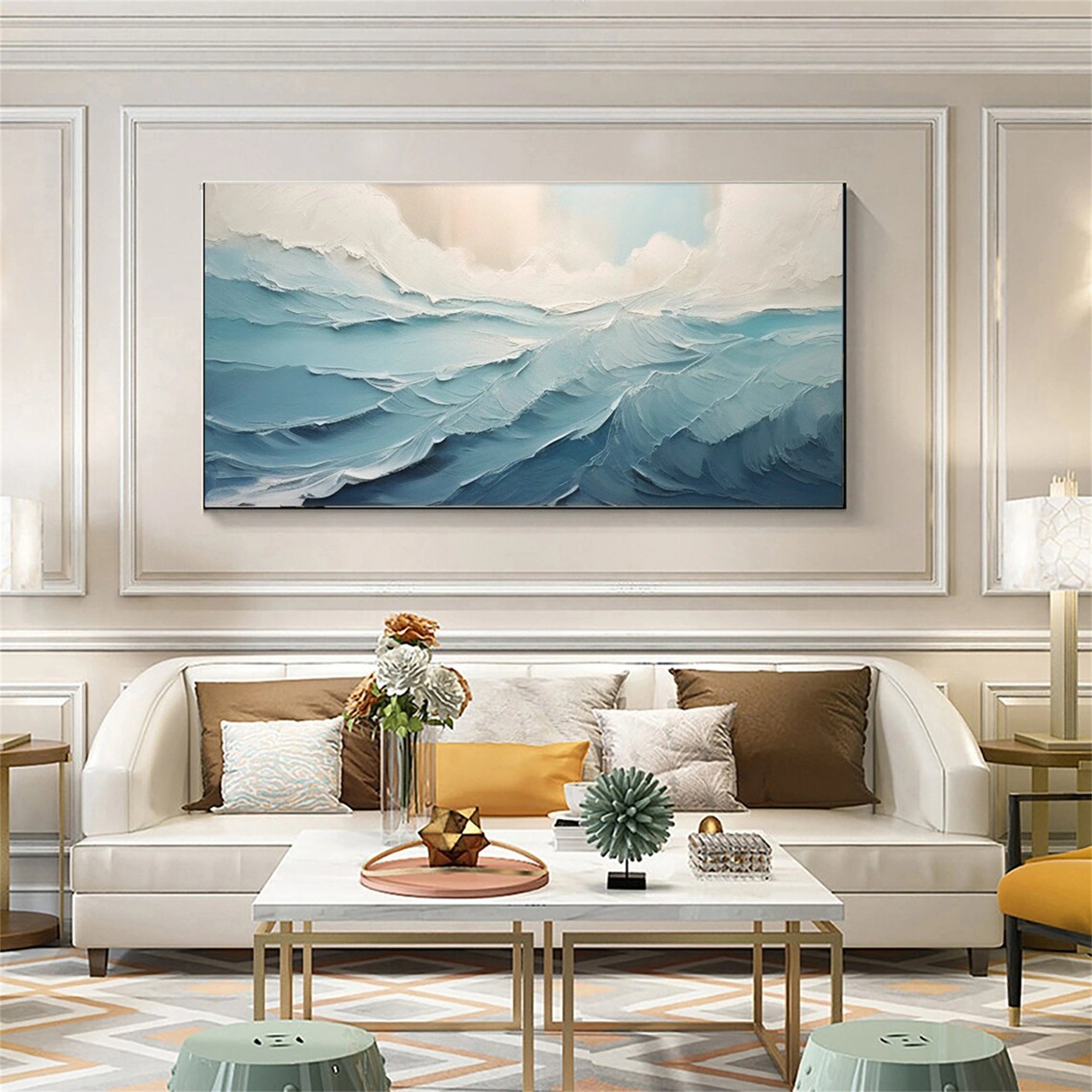 Large  Blue Sea Abstract Waves Painting Wall Art - Ocean Painting #JJ 241