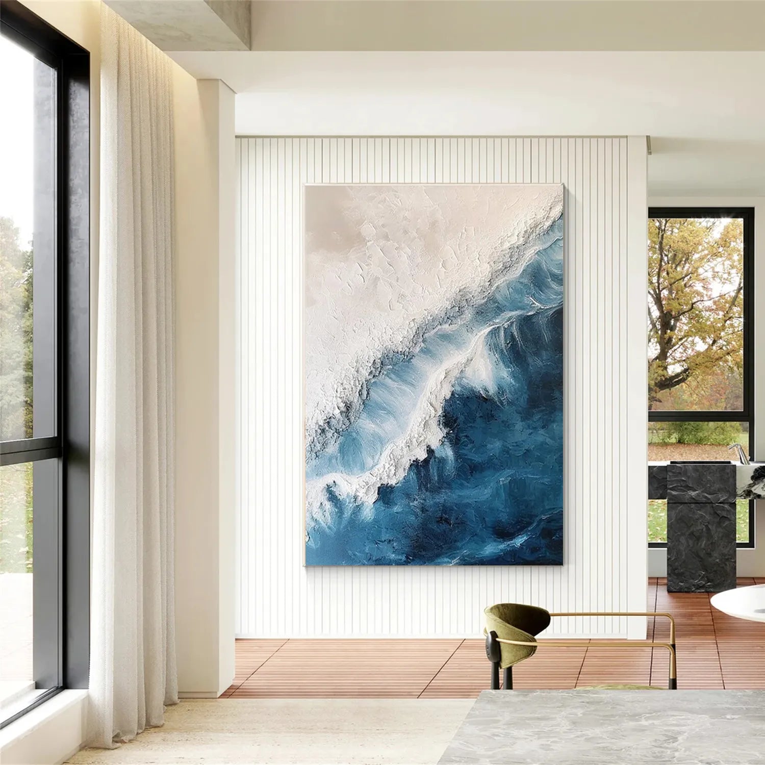 Blue White Beige Textured Beach Abstract Oil Painting - Modern Serene Art #JJ 120