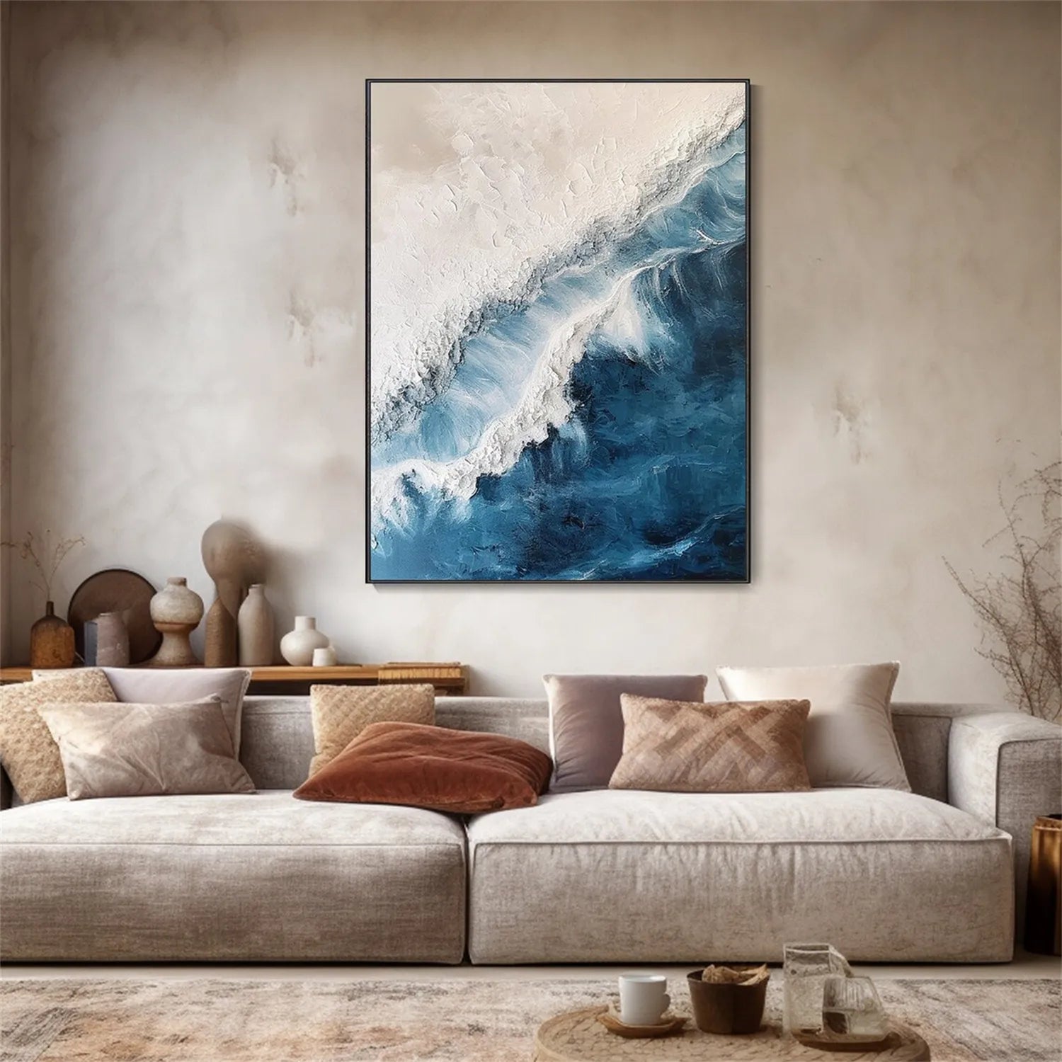 Blue White Beige Textured Beach Abstract Oil Painting - Modern Serene Art #JJ 120
