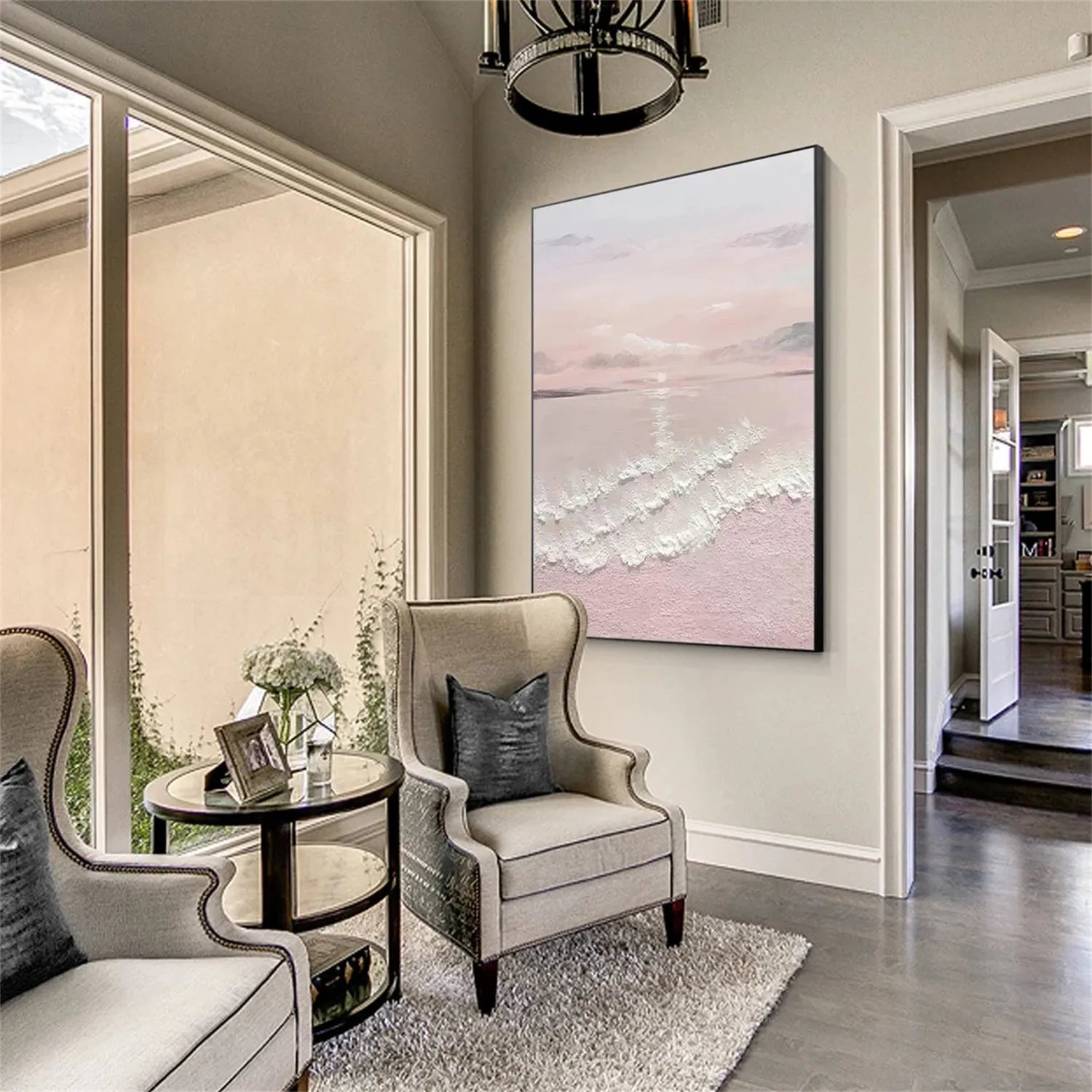 Large Wall Art Pink White Soft Waves Coastal -Handmade Abstract Art #JJ 222