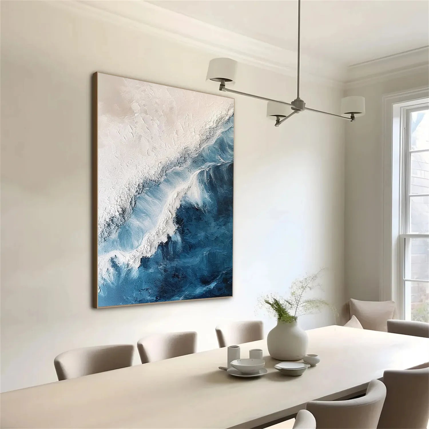 Blue White Beige Textured Beach Abstract Oil Painting - Modern Serene Art #JJ 120