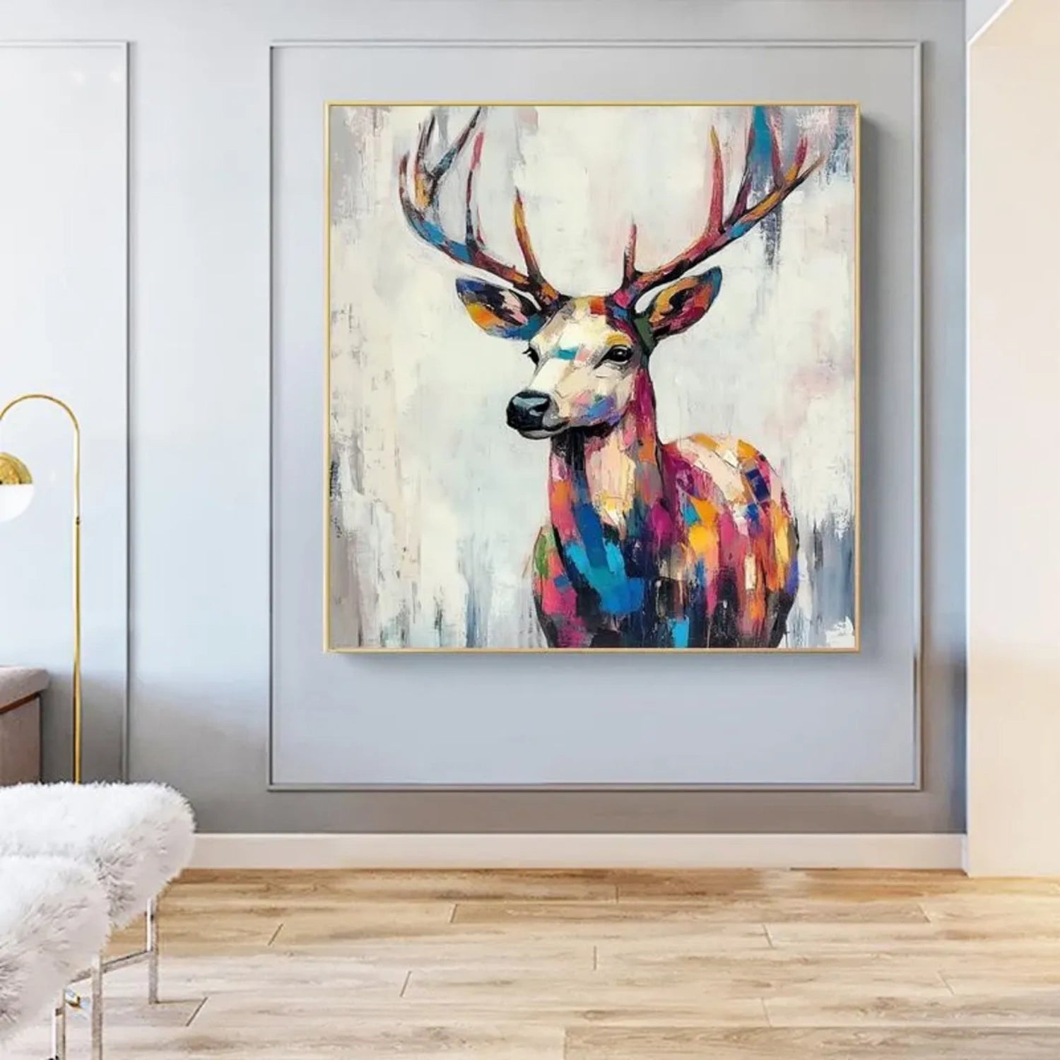 Colorful Stag Wall Art | Large Square Abstract Deer Painting #ZZ 213