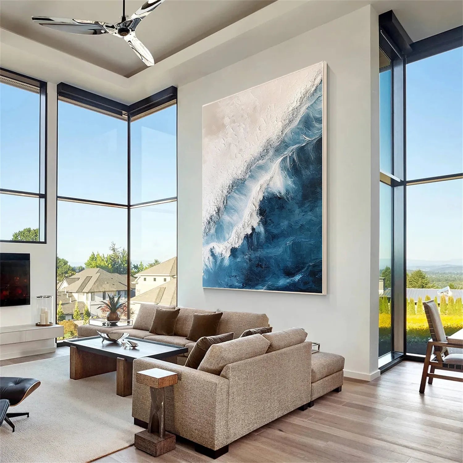 Blue White Beige Textured Beach Abstract Oil Painting - Modern Serene Art #JJ 120