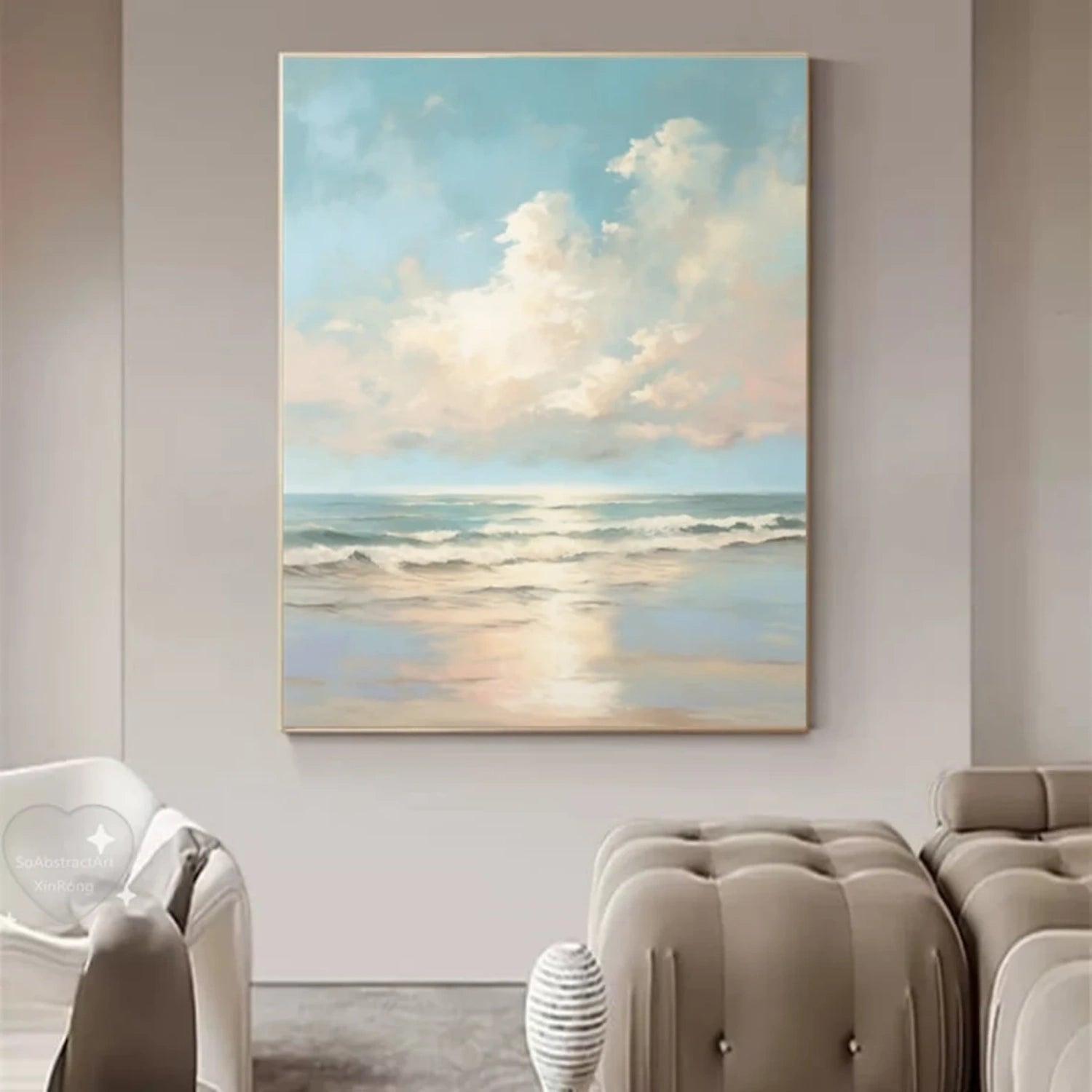 Calm Coastal Sky and Sea Abstract - Soft Blue and Beige Oil Painting #JJ 118