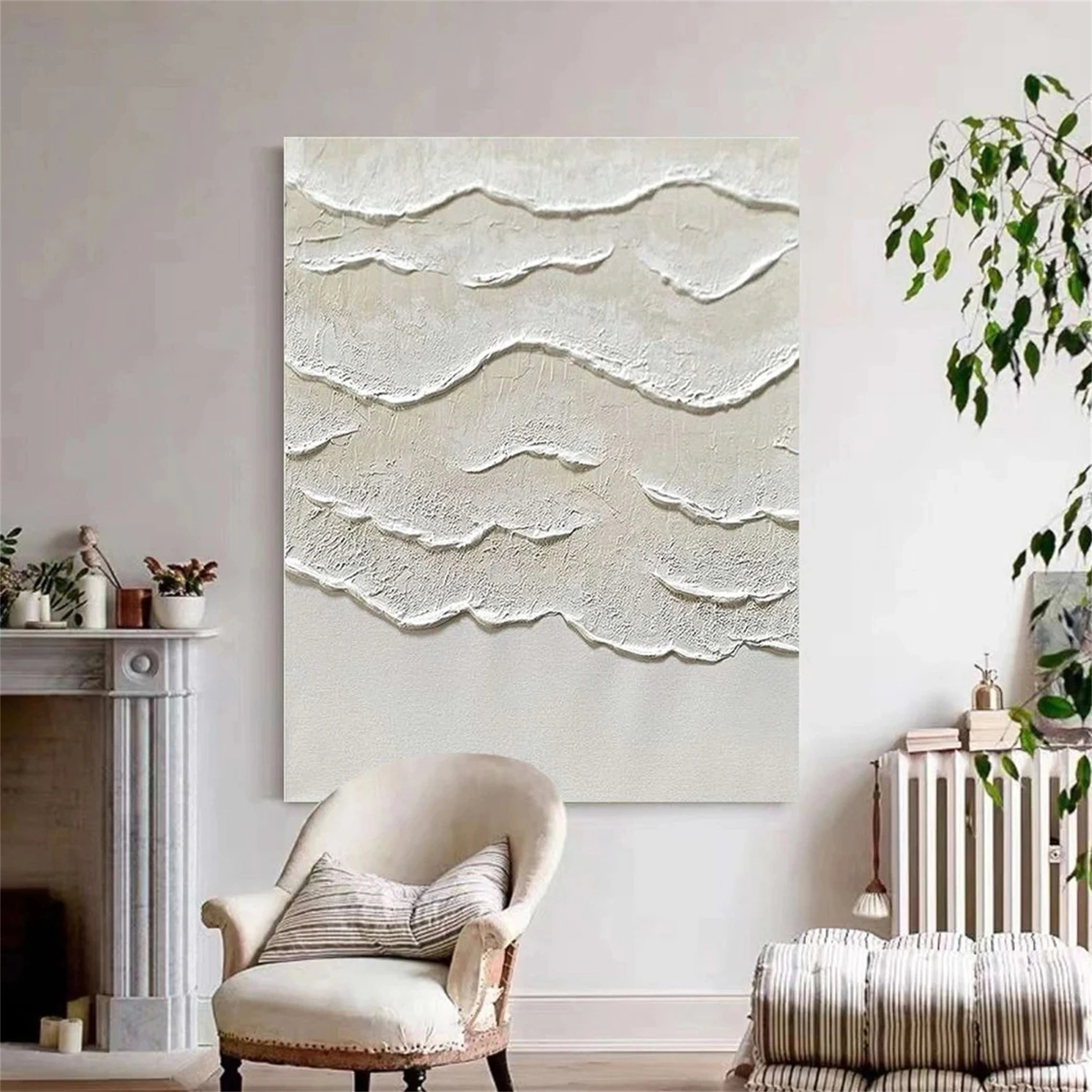 Beige and White  Textured Abstract Oil Painting #JJ 130