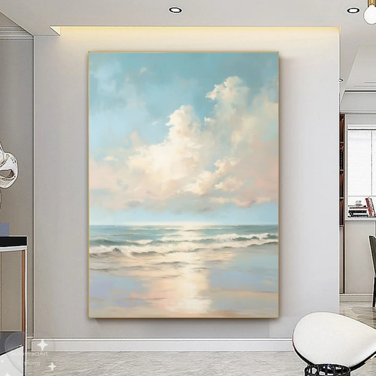 Calm Coastal Sky and Sea Abstract - Soft Blue and Beige Oil Painting #JJ 118