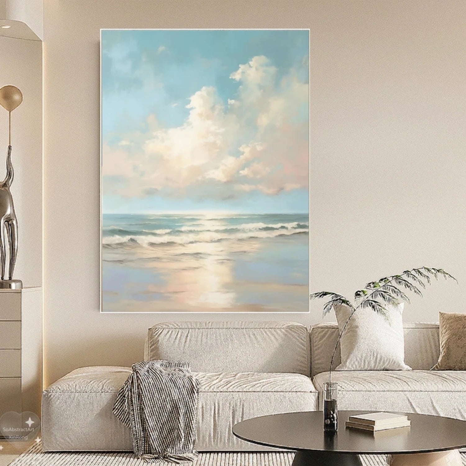 Calm Coastal Sky and Sea Abstract - Soft Blue and Beige Oil Painting #JJ 118