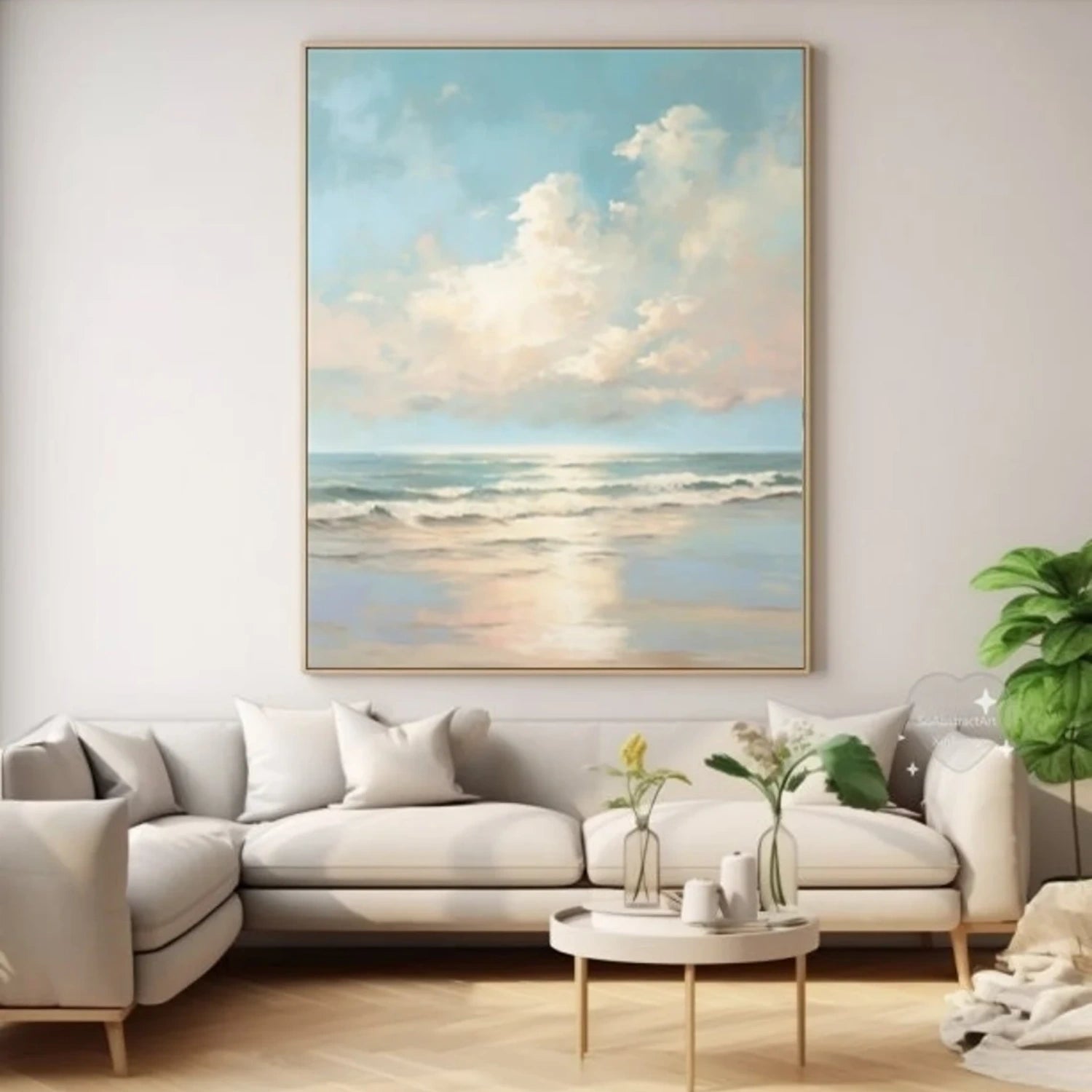 Calm Coastal Sky and Sea Abstract - Soft Blue and Beige Oil Painting #JJ 118