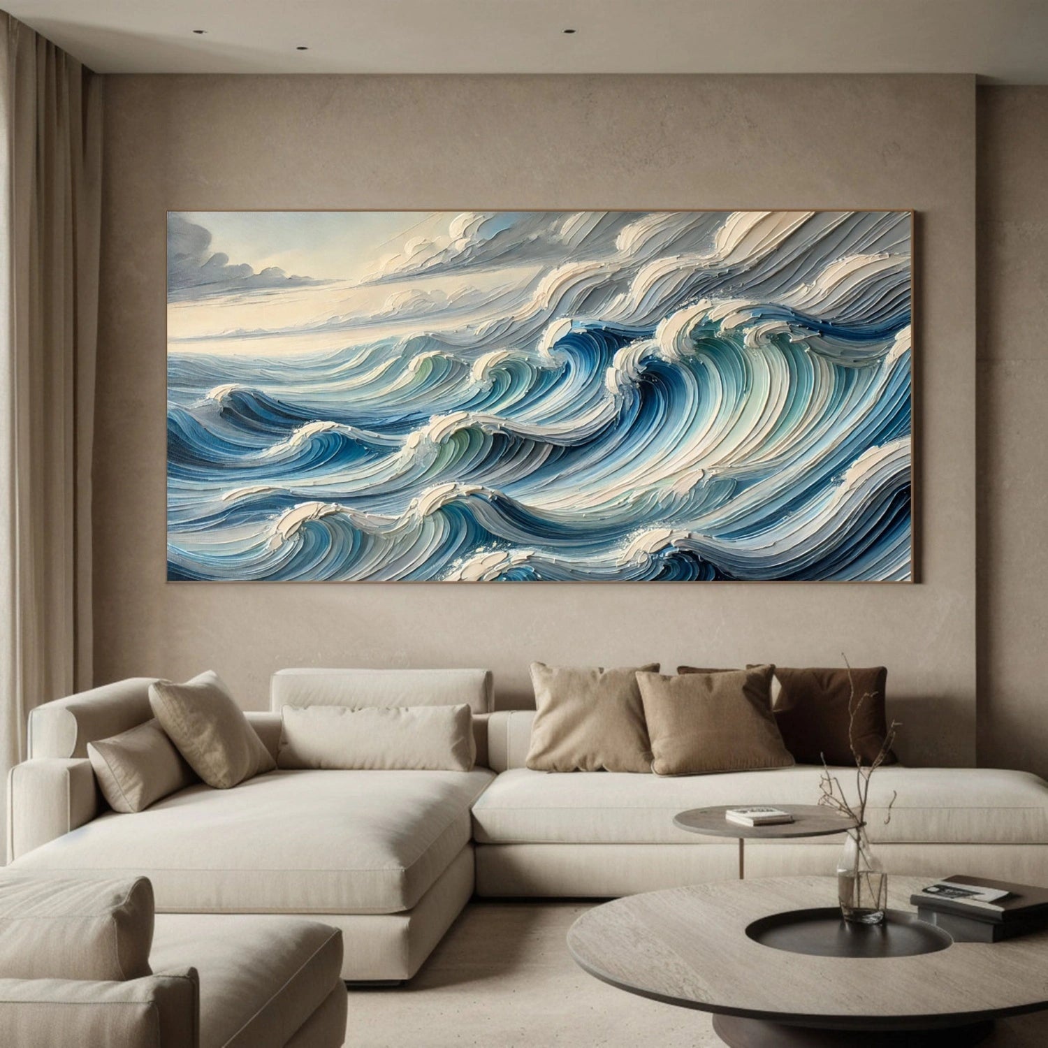 Unique Wide Blue and White Textured Wave Abstract - Modern Ocean Art Gift #JJ 165