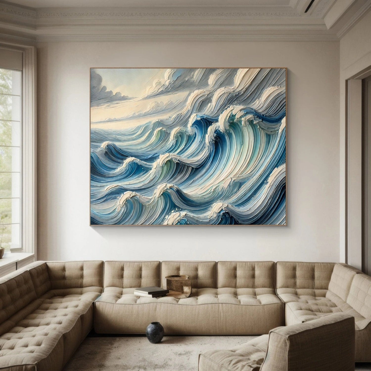 Unique Wide Blue and White Textured Wave Abstract - Modern Ocean Art Gift #JJ 165